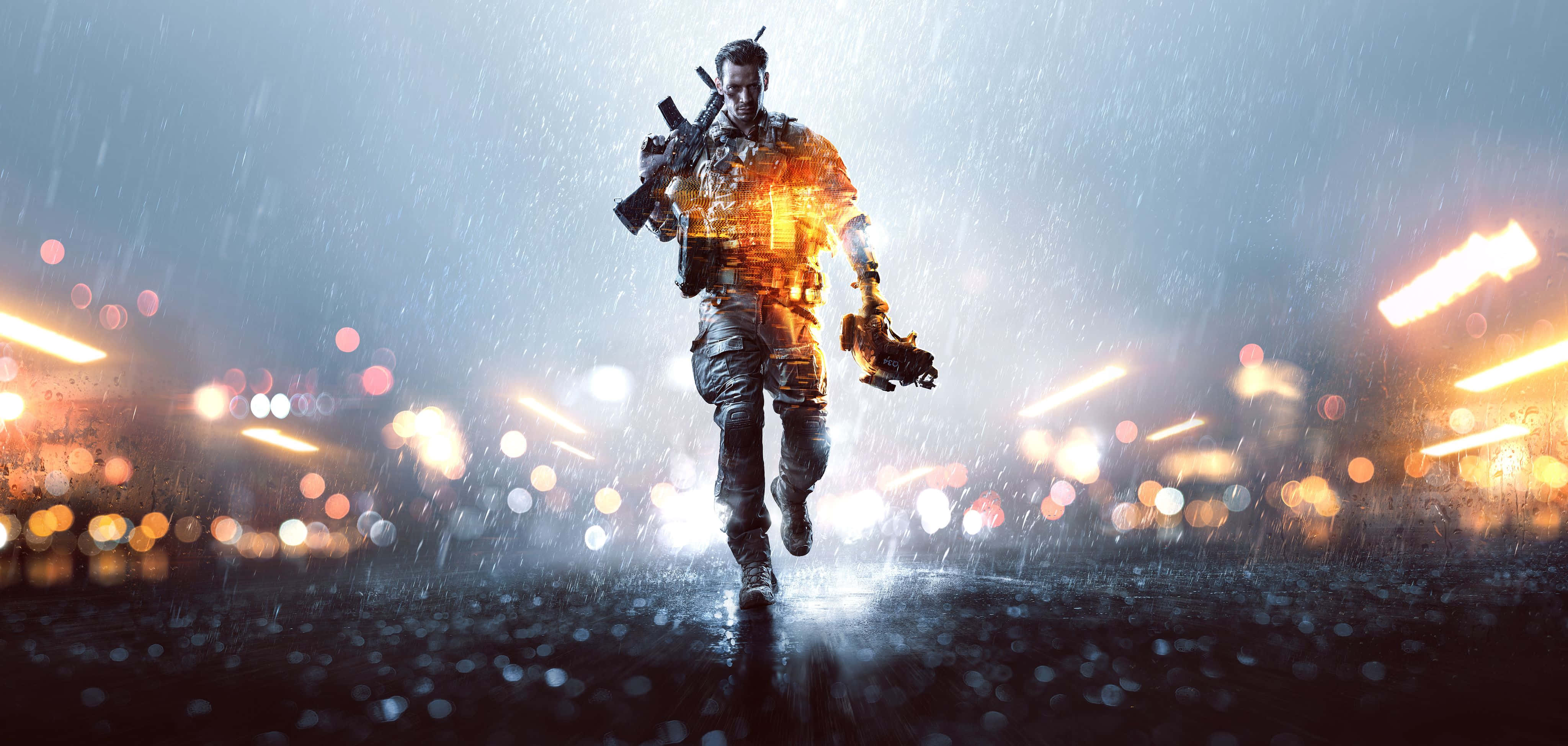 4K Battlefield 桌布 壁紙 — 一名士兵在雨水浸濕的城市街道上奔跑，被街燈和車輛發出的發光散景燈光照亮。