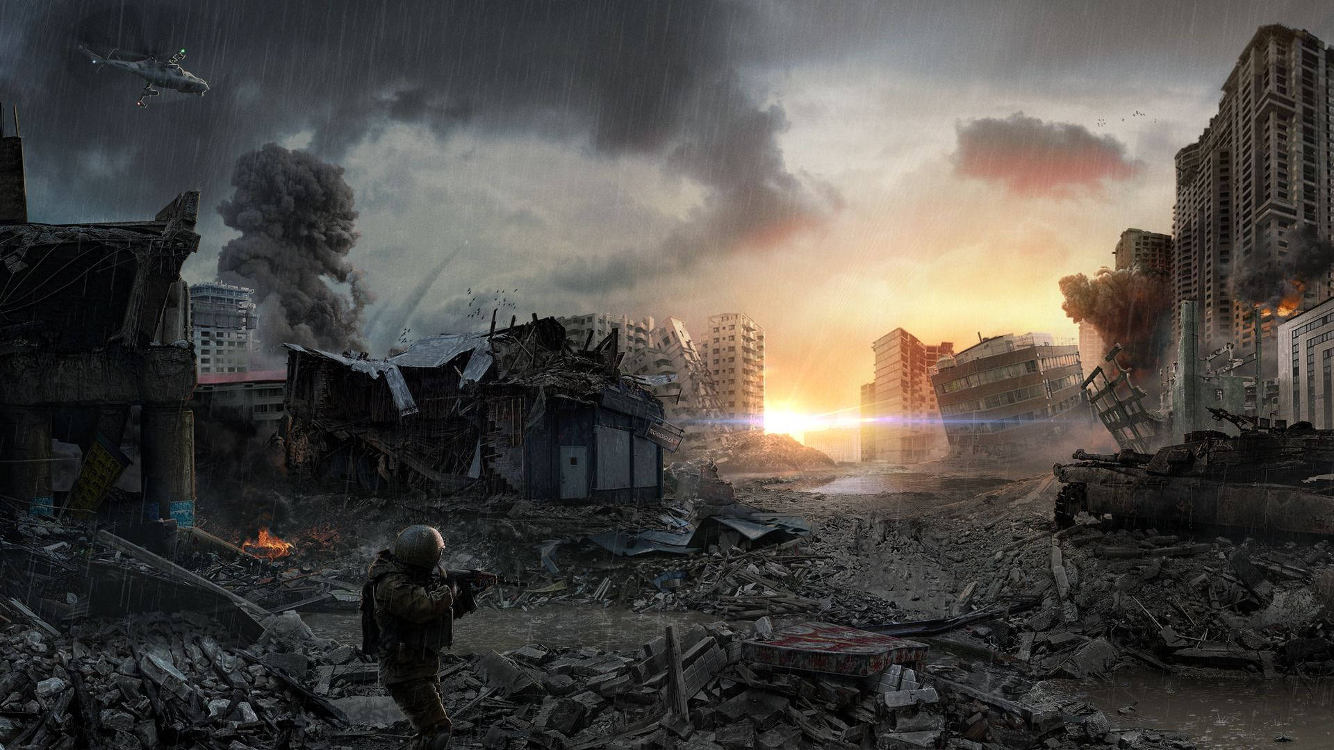 戰爭動圖 桌布 壁紙 — 一名士兵在雨淋的戰區中穿行，建築物倒塌，煙霧在火紅的夕陽下翻騰。