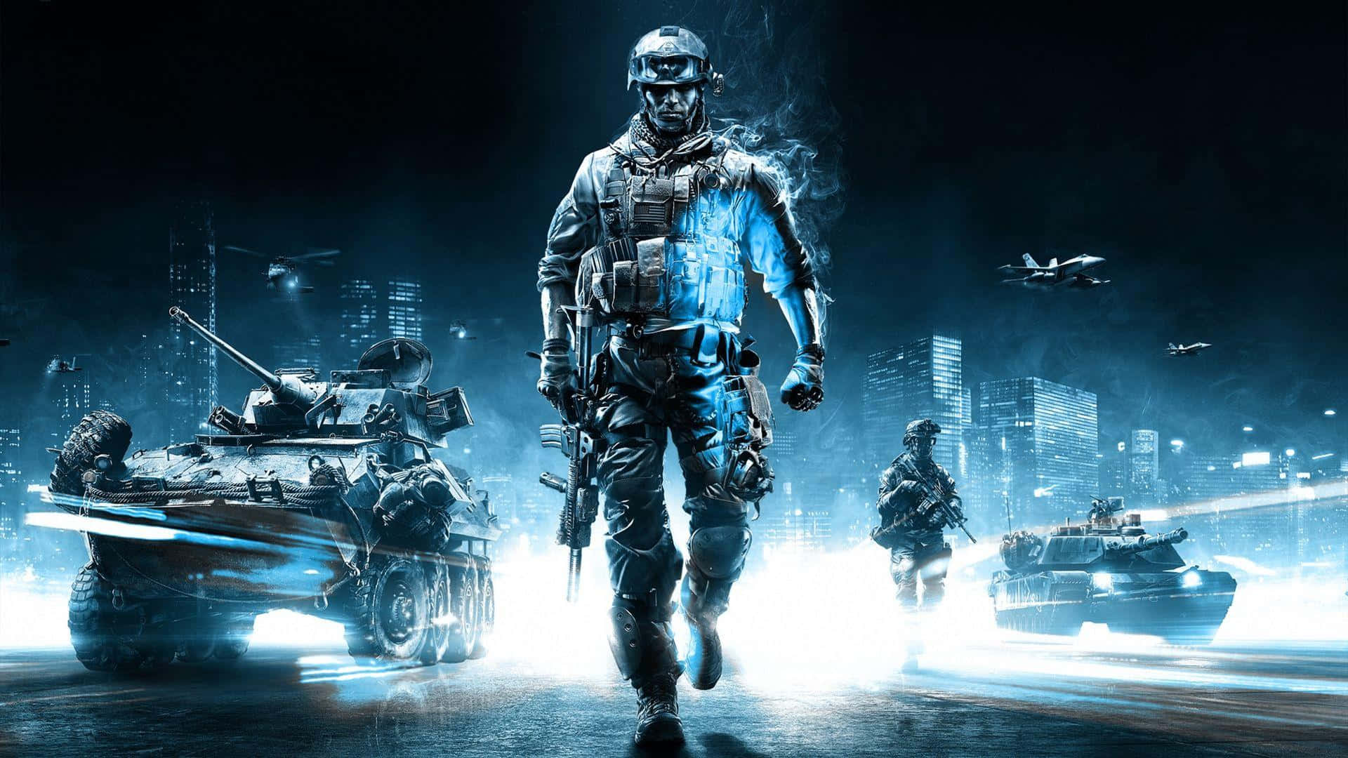 1920 X 1080 HD Gaming 桌布 壁紙 — 一名士兵在霓虹燈照亮的城市戰場上前進，背景有坦克和直升機。