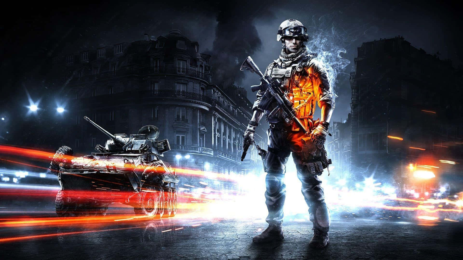 Battlefield 3 桌布 壁紙 — 一名士兵在霓虹燈照亮的戰區中挑釁地站著，一輛坦克在煙霧瀰漫的夜空下轟隆駛過。