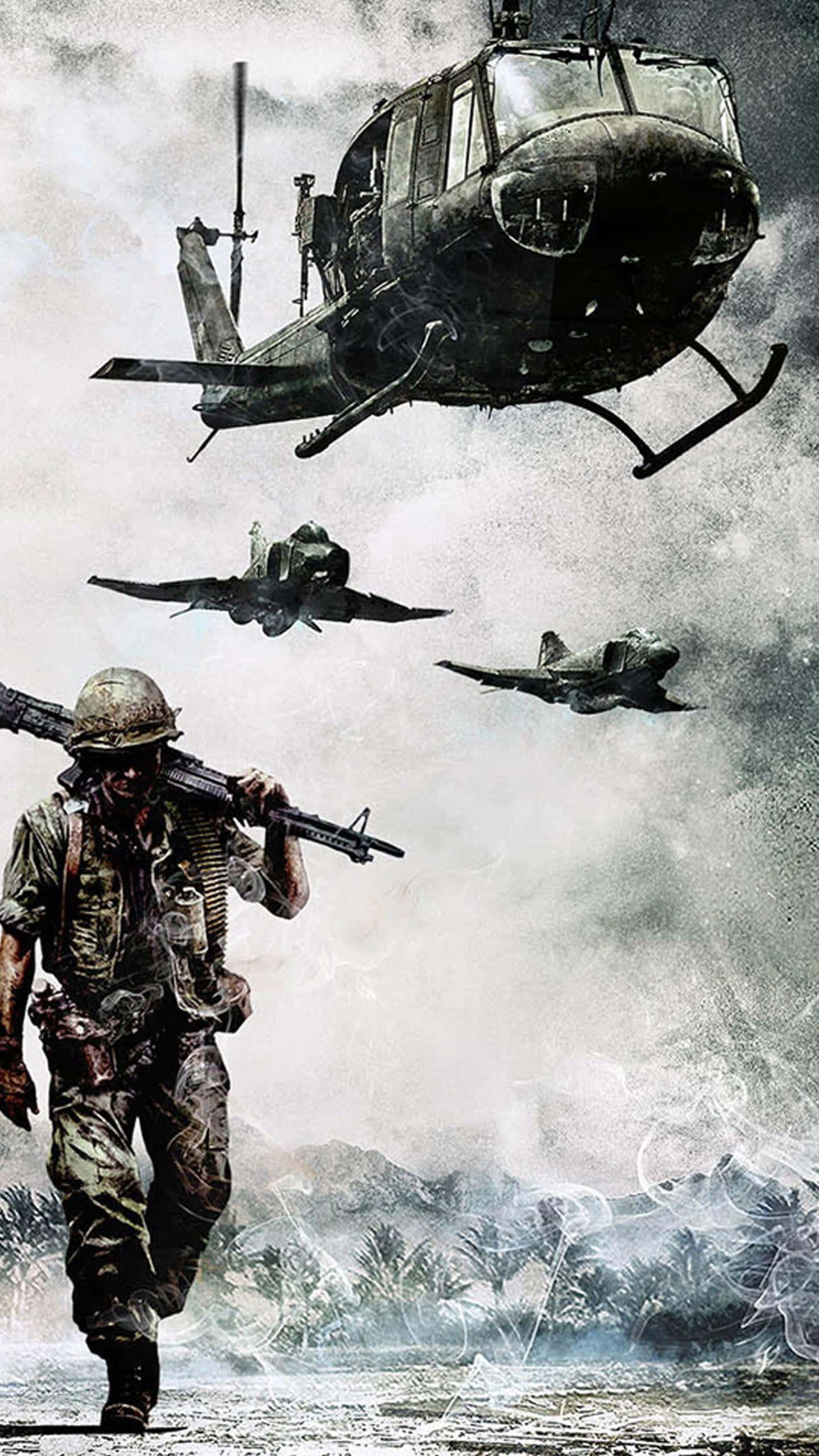 games 桌布 壁紙 — 一名士兵在風暴天空下向前行進，直升機和戰鬥機在頭頂飛過，呈現出激烈的戰爭場景。