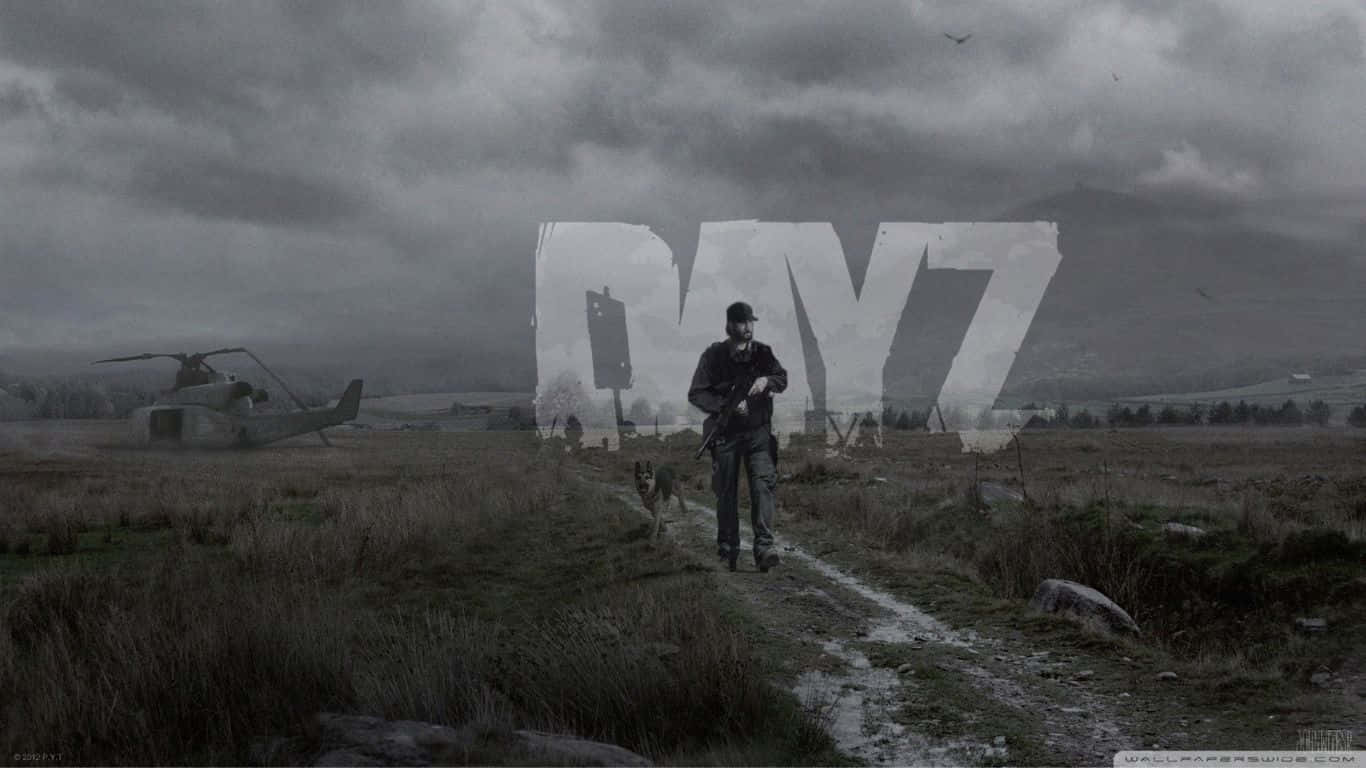 Dark Clouds 桌布 壁紙 — 一名士兵在風暴天空下帶著狗走過泥濘的田野，背景有直升機和大型「DAYZ」標誌。