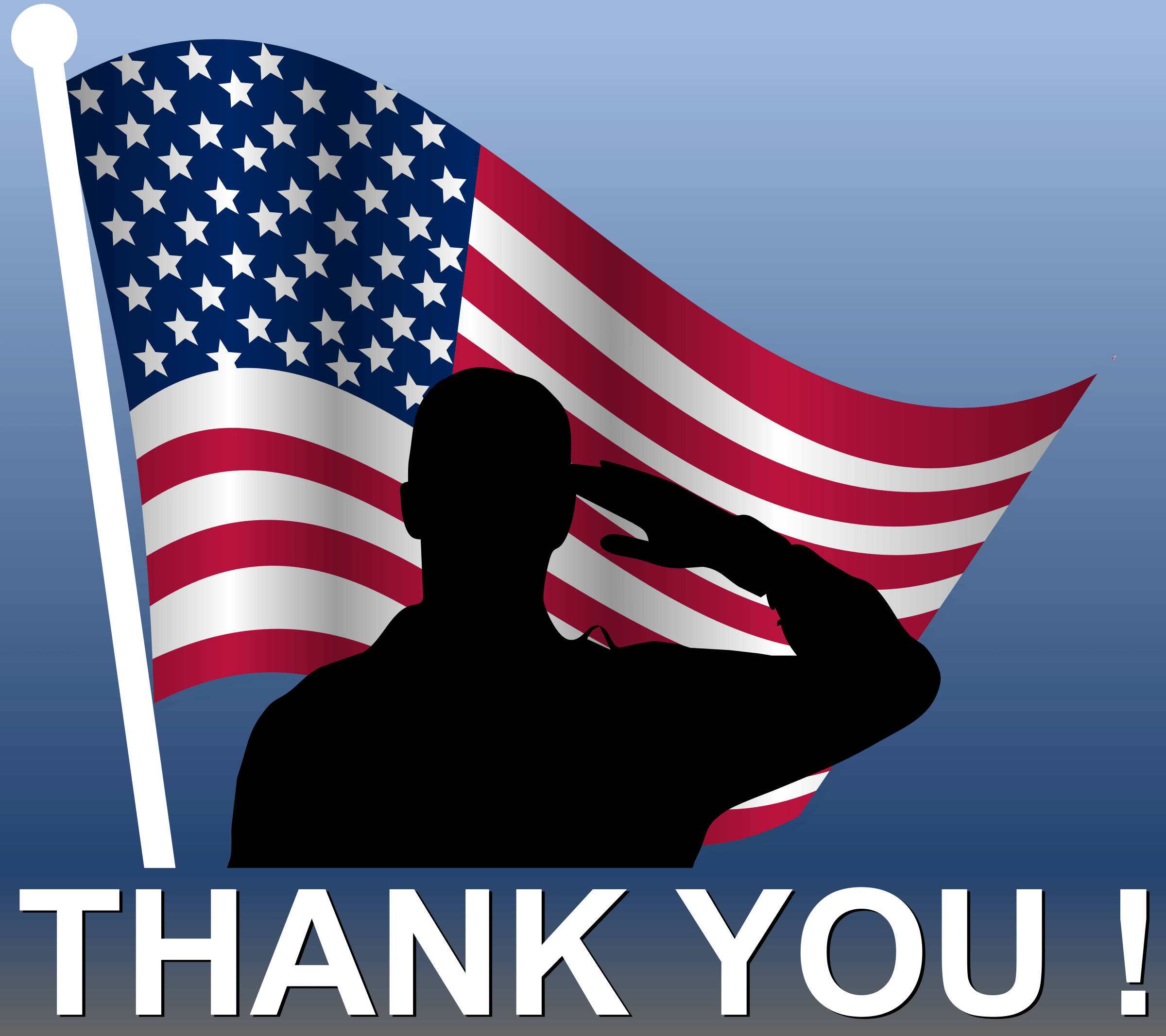 Veterans 桌布 壁紙 — 一名士兵在飄揚的美國國旗前敬禮的剪影，並帶有粗體感謝文字。