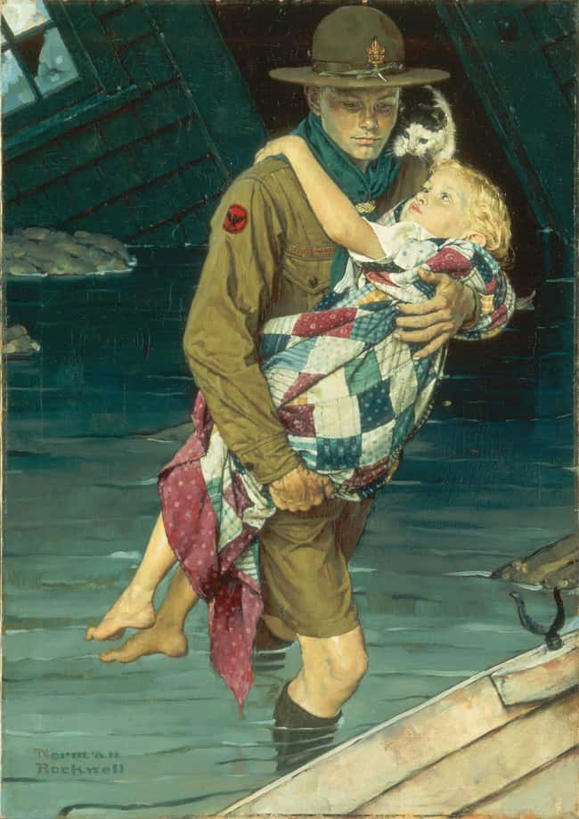 Norman Rockwell 桌布 壁紙 — 一名士兵在黃昏時分，在船附近的淺水中，抱著一個用拼布被包裹著的孩子。