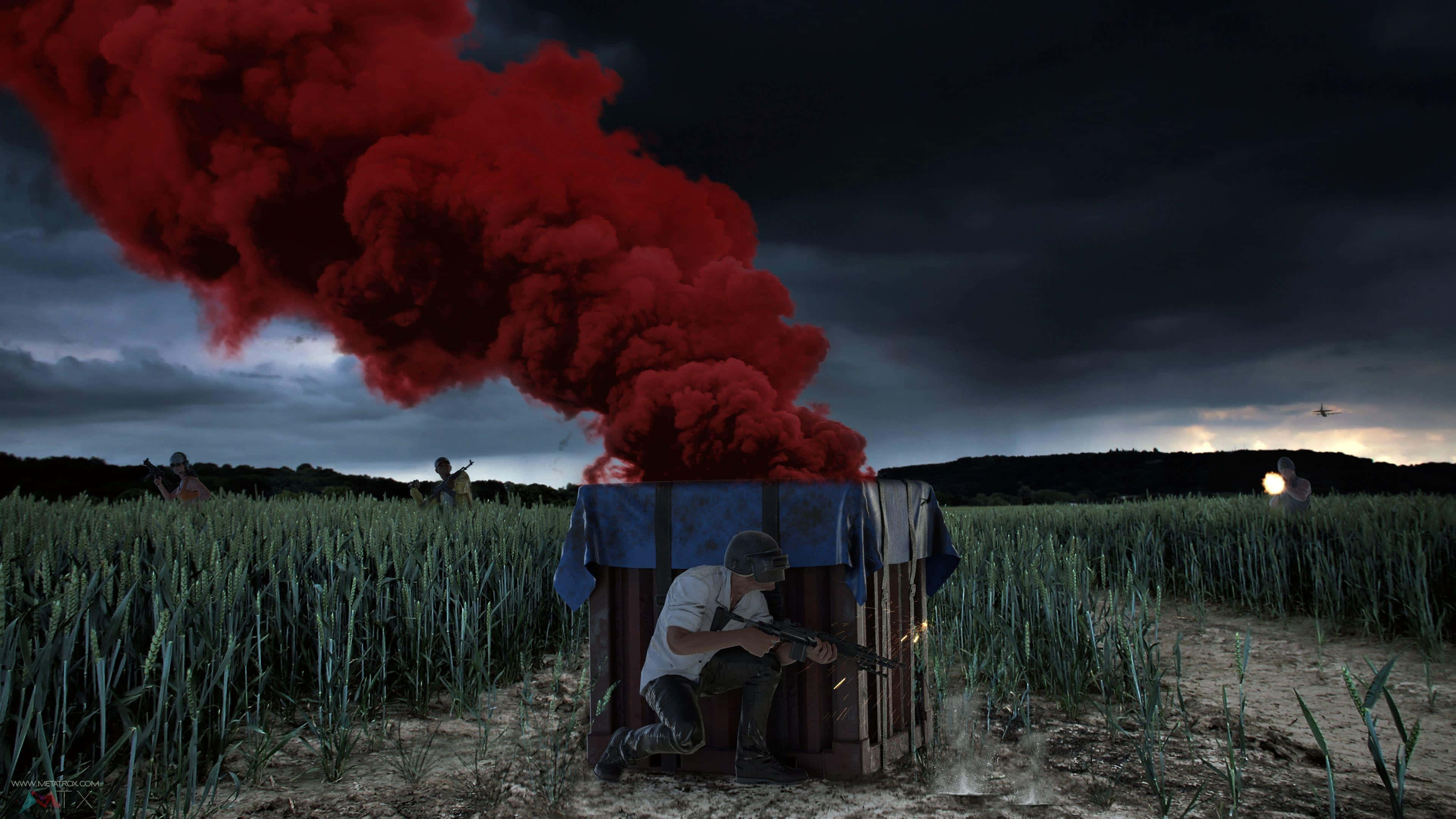 Pubg Banner 桌布 壁紙 — 一名士兵在黃昏緊張的戰場上躲在煙霧瀰漫的木箱後。