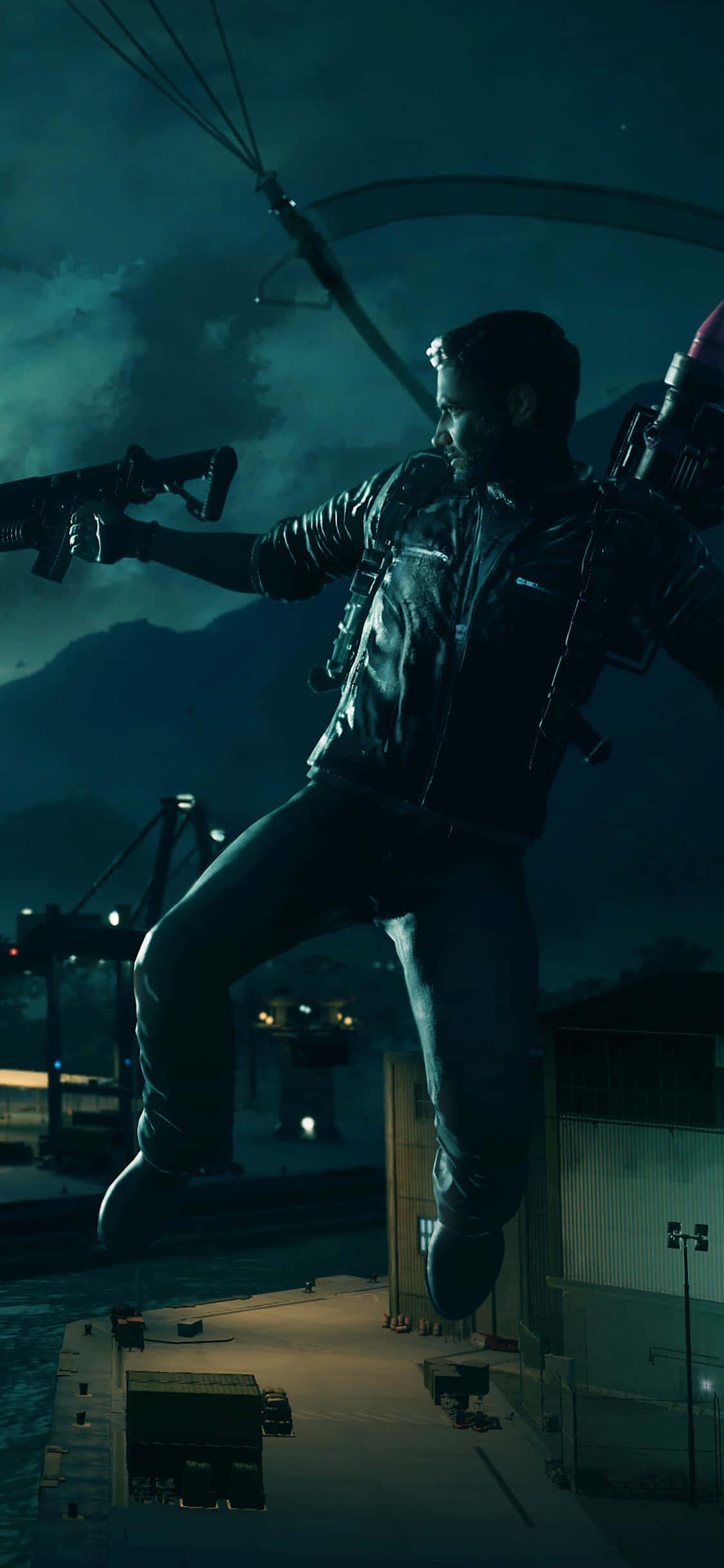 iPhone X Just Cause 4 桌布 壁紙 — 一名士兵在黑夜中手持步槍跳過碼頭，頭頂有直升機在黑暗的天空下盤旋。