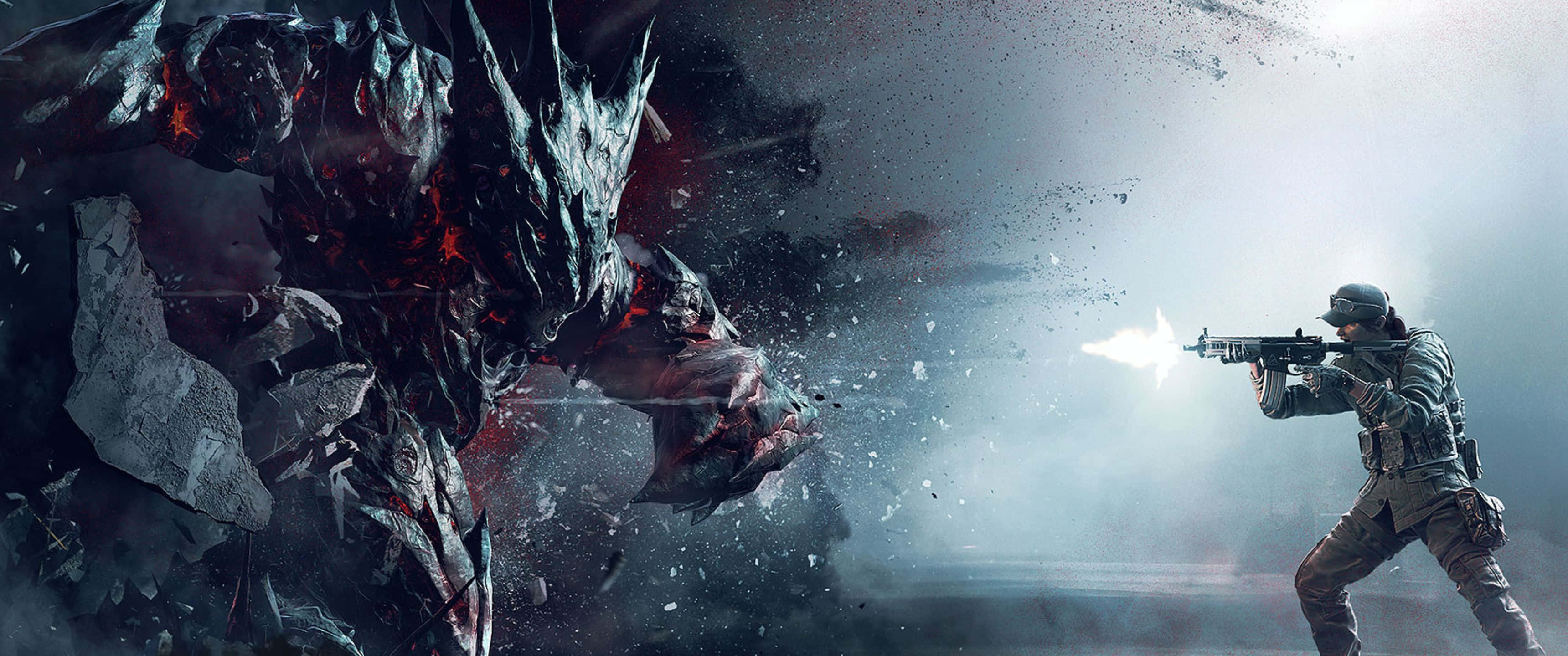 3440x1440p Rainbow Six Siege 桌布 壁紙 — 一名士兵在黑暗骯髒的戰場上向一隻巨大的尖刺怪物開槍射擊，碎片飛揚。