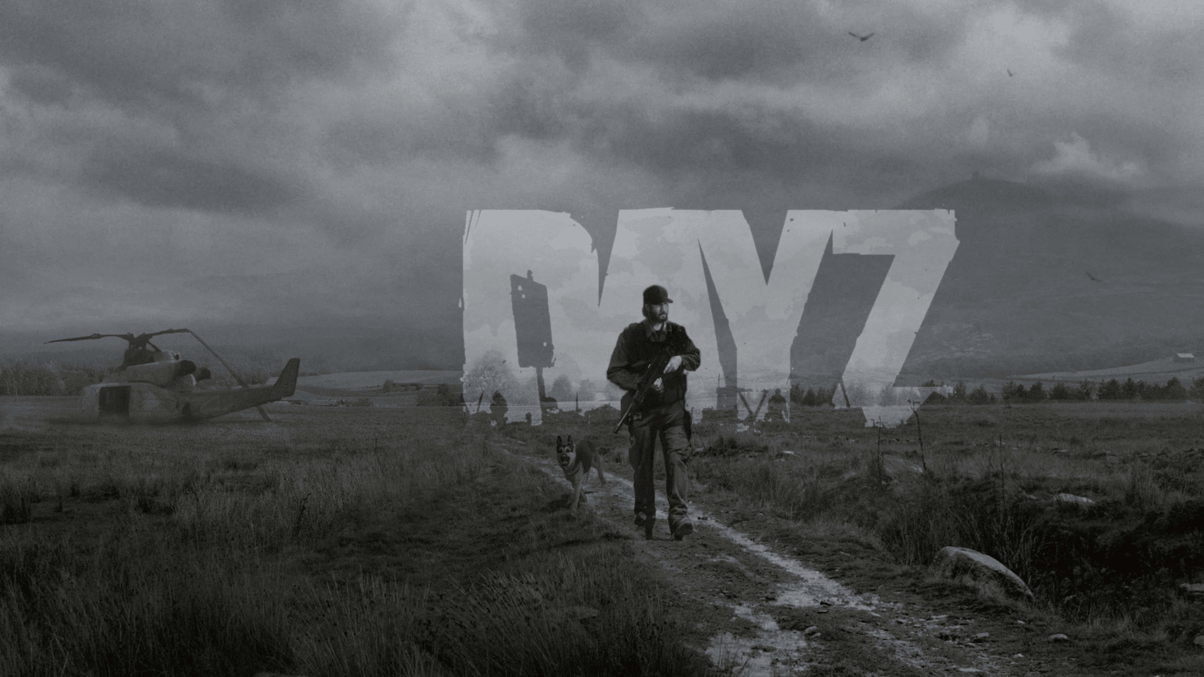 game 桌布 壁紙 — 一名士兵帶著狗穿過泥濘的田野，在暴風雨的天空下，有一架墜毀的直升機和「DAY 7」文字疊加。