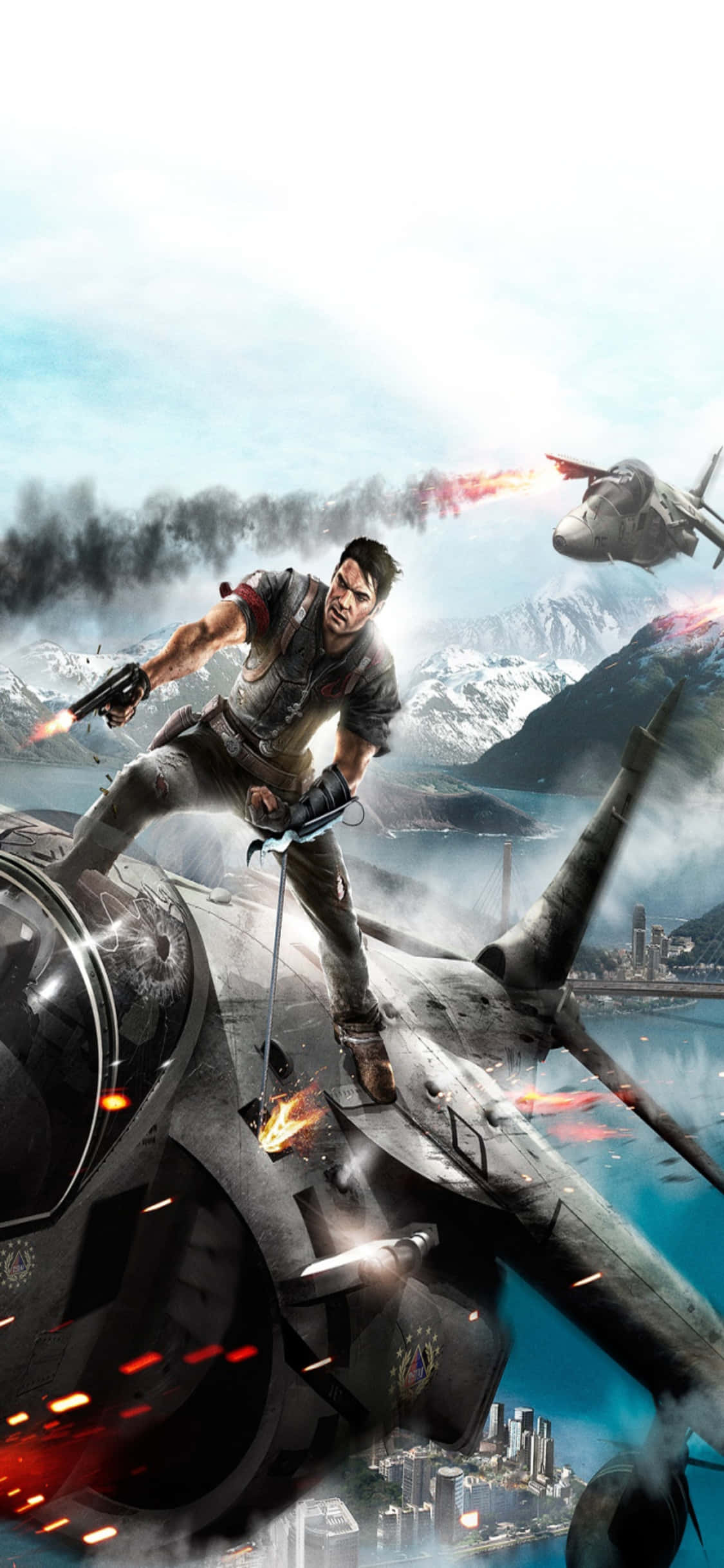 iPhone X Just Cause 4 桌布 壁紙 — 一名士兵從受損的戰鬥機上跳下，下方是白雪覆蓋的山脈和城市，另一架飛機在空中開火。