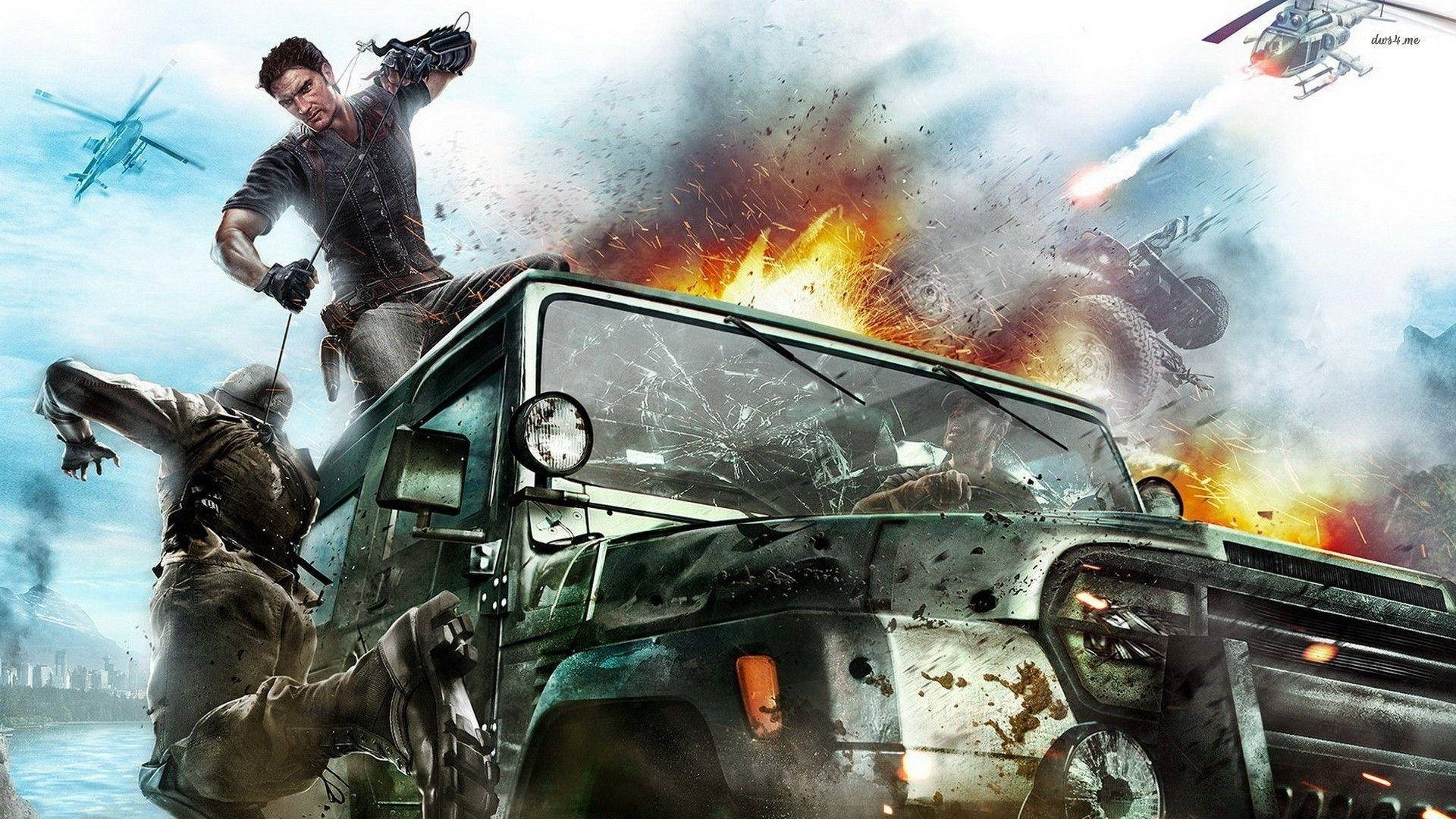 just cause 2 桌布 壁紙 — 一名士兵從燃燒的軍用卡車上跳下，爆炸和直升機在混亂的戰場上肆虐。
