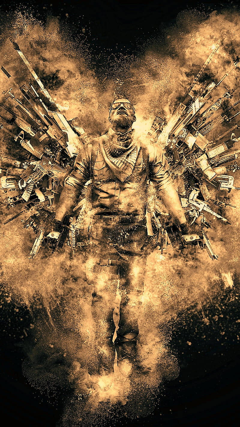 cs go iPhone 桌布 壁紙 — 一名士兵從爆炸塵埃中出現，武器形成翅膀，呈現戲劇性的棕褐色調數位藝術作品。