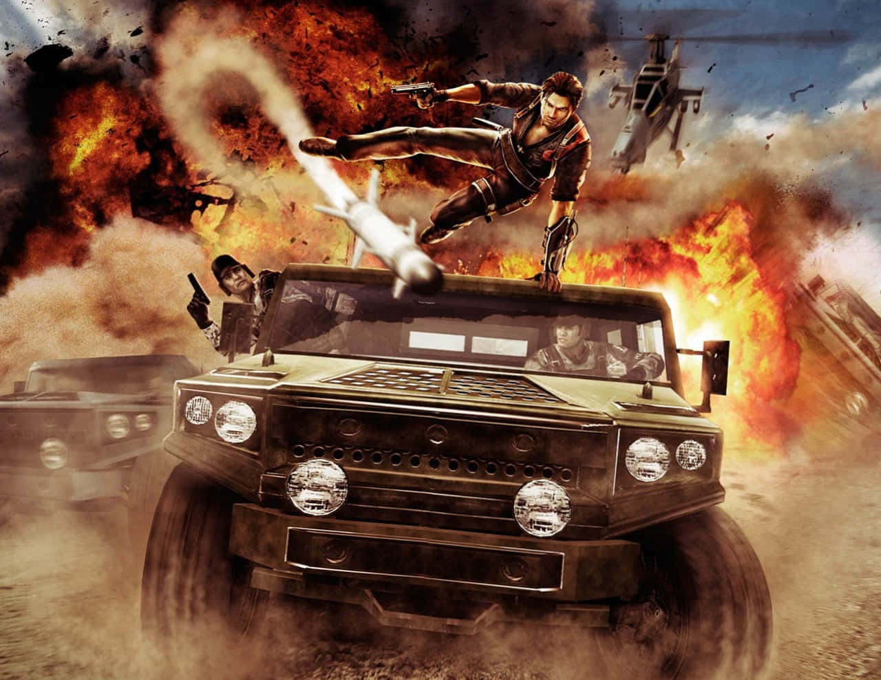 Truck 桌布 壁紙 — 一名士兵從軍用吉普車跳下，在爆炸和盤旋的直升機中，於混亂的戰場上發射火箭。