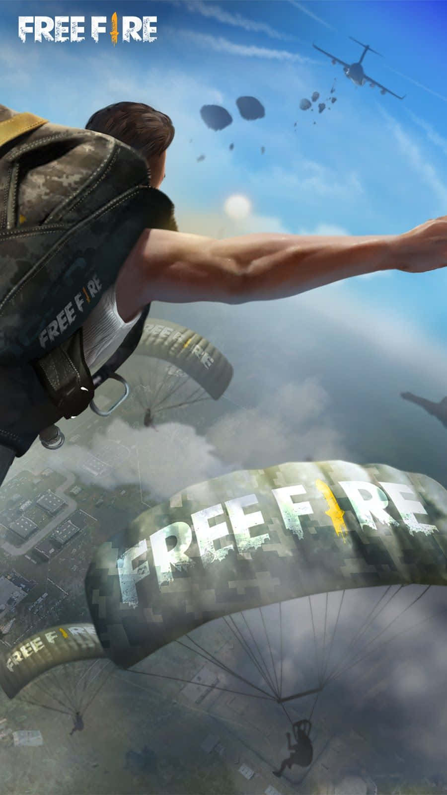 free fire 4K 桌布 壁紙 — 一名士兵從飛機上跳傘，降落在廣闊的城市景觀上空，其他玩家和貨物在他周圍墜落。