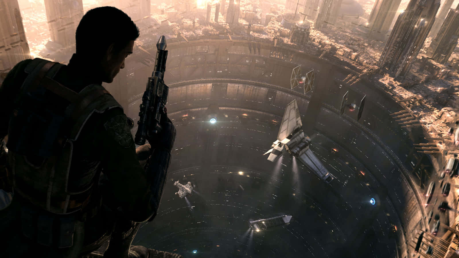 The Coruscant Underworld 桌布 壁紙 — 一名士兵從高處俯瞰巨大的未來城市景觀，星際戰鬥機在發光的中央環中穿梭。