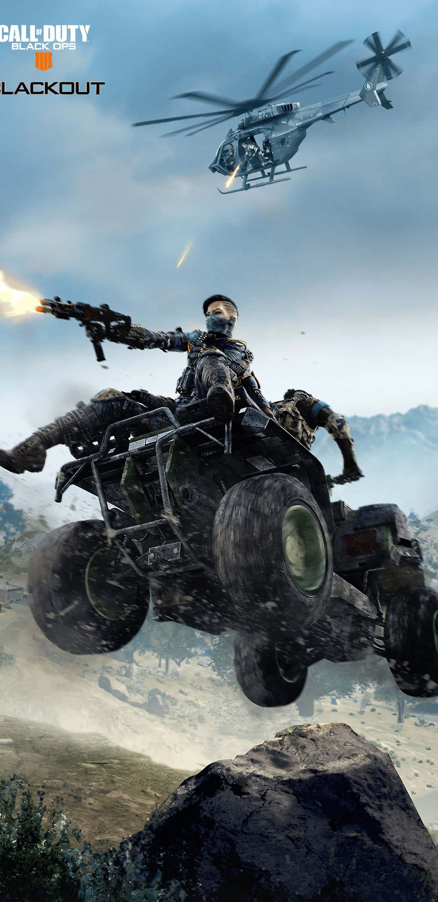 Pixel 3xl Call Of Duty Black Ops 4 桌布 壁紙 — 一名士兵從高速行駛的ATV上發射武器，跳過岩石，直升機在山地戰場上空射擊。