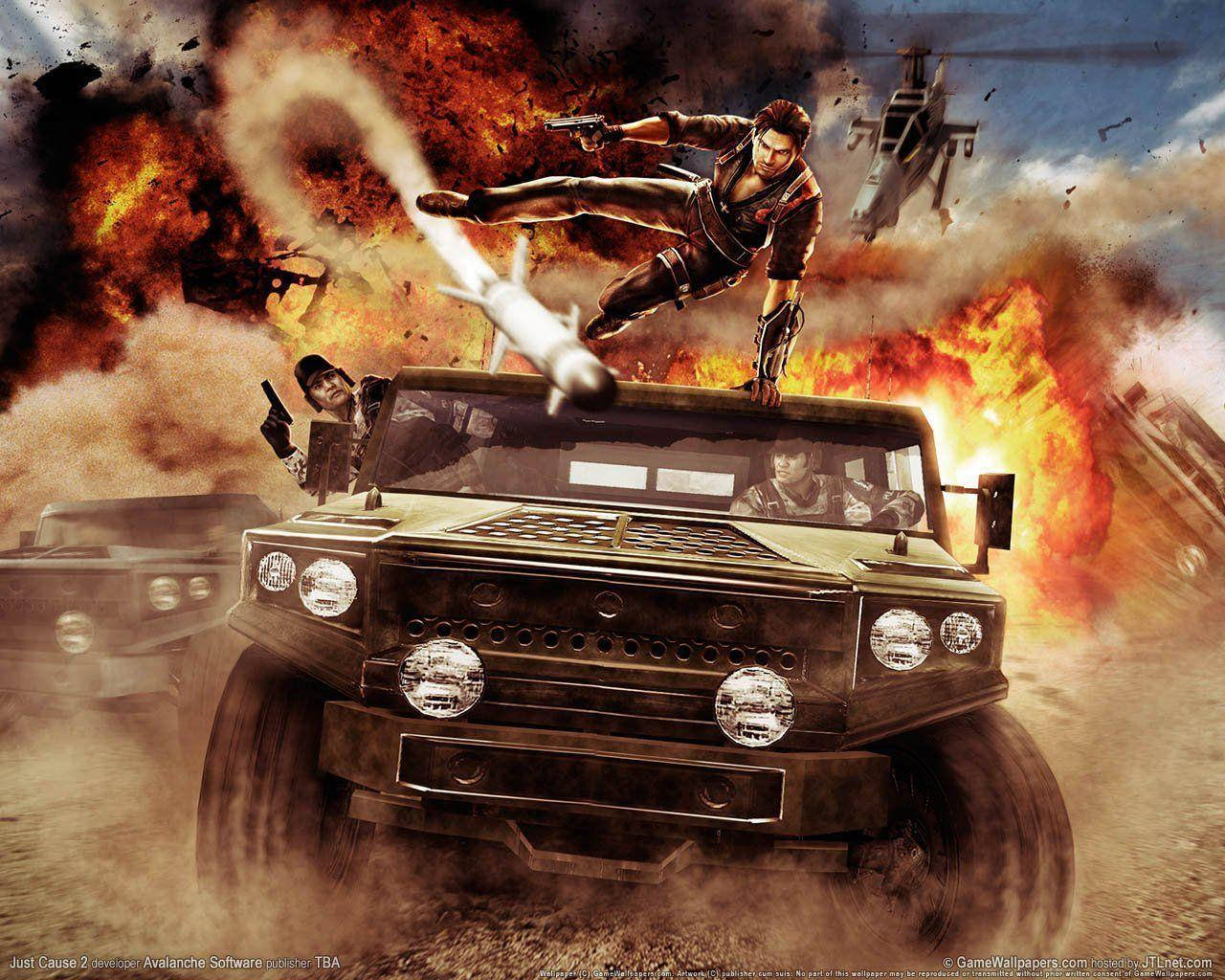 just cause 2 桌布 壁紙 — 一名士兵從高速行駛的軍用卡車跳下，在爆炸和盤旋的直升機中發射火箭。