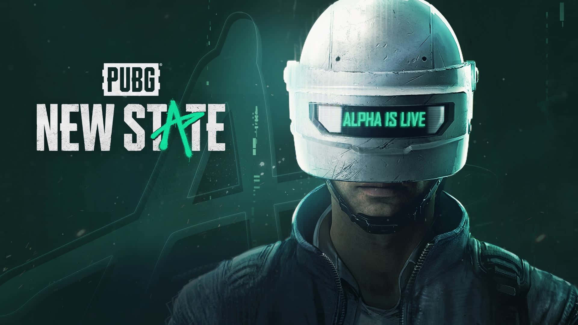 Pubg Logo 桌布 壁紙 — 一名士兵戴著未來風格的頭盔，頭盔上有發光的綠色文字顯示 alpha is live，背景是深色數位畫面。