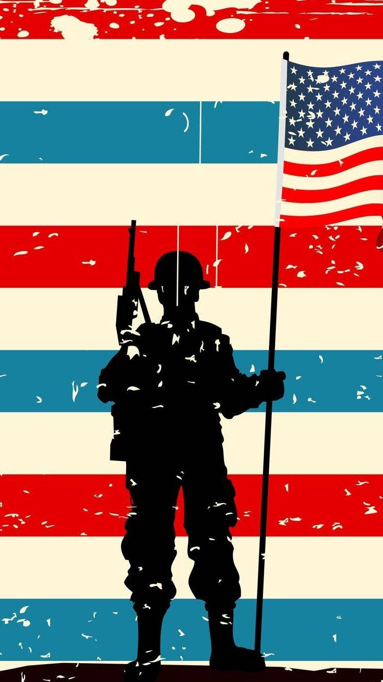 America iPhone 桌布 壁紙 — 一名士兵手持美國國旗的剪影，背景為磨損的紅、白、藍條紋。