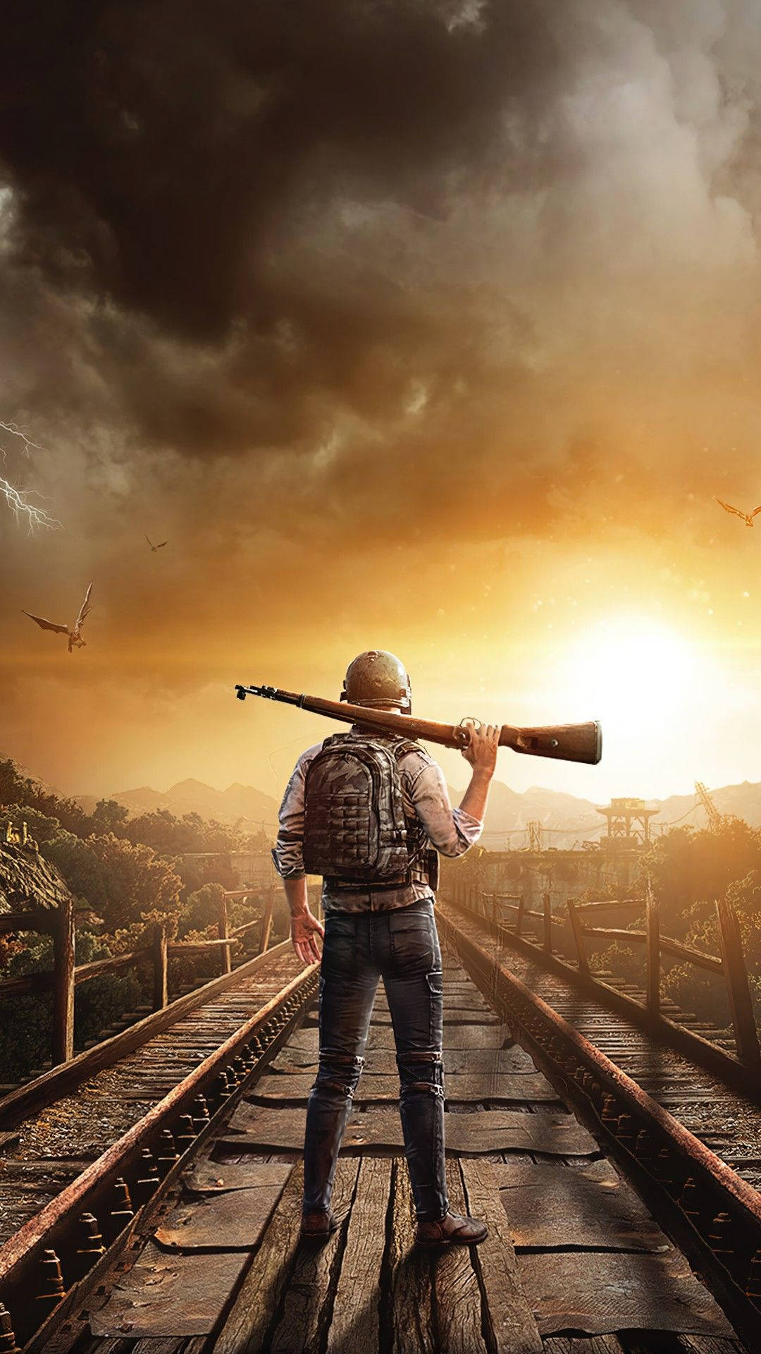 士兵持步槍站在木製鐵路橋上，日落時分，暴風雲下。 — PUBG 4K 壁紙 壁紙