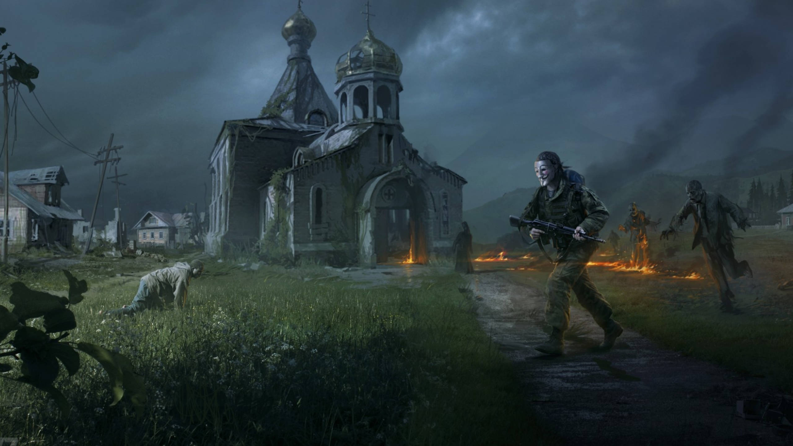 DayZ 桌布 壁紙 — 一名士兵拿著步槍穿過草地跑向一座燃燒的教堂，而殭屍在暴風雨的夜空下追趕他。