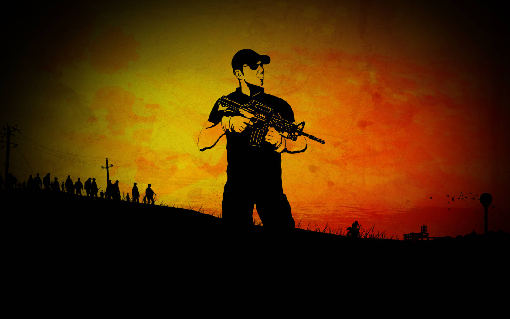 DayZ 桌布 壁紙 — 一名士兵持步槍的剪影，背景是火紅橙黃色的日落，遠處山丘上有人影。