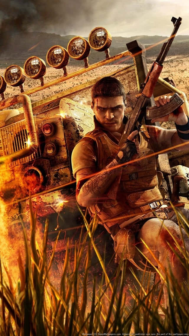 iPhone Xs Far Cry 3 桌布 壁紙 — 一名士兵持步槍蹲在燃燒的裝甲車旁，在熾熱的沙漠戰場上。