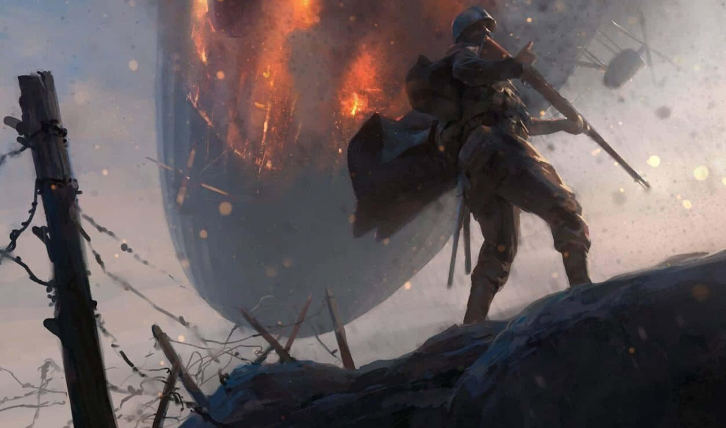 2440x1440 Battlefield 1 桌布 壁紙 — 一名士兵挑釁地站在岩石露頭上，身後在飽受戰爭蹂躪的景觀中爆發出一場巨大的火熱爆炸。