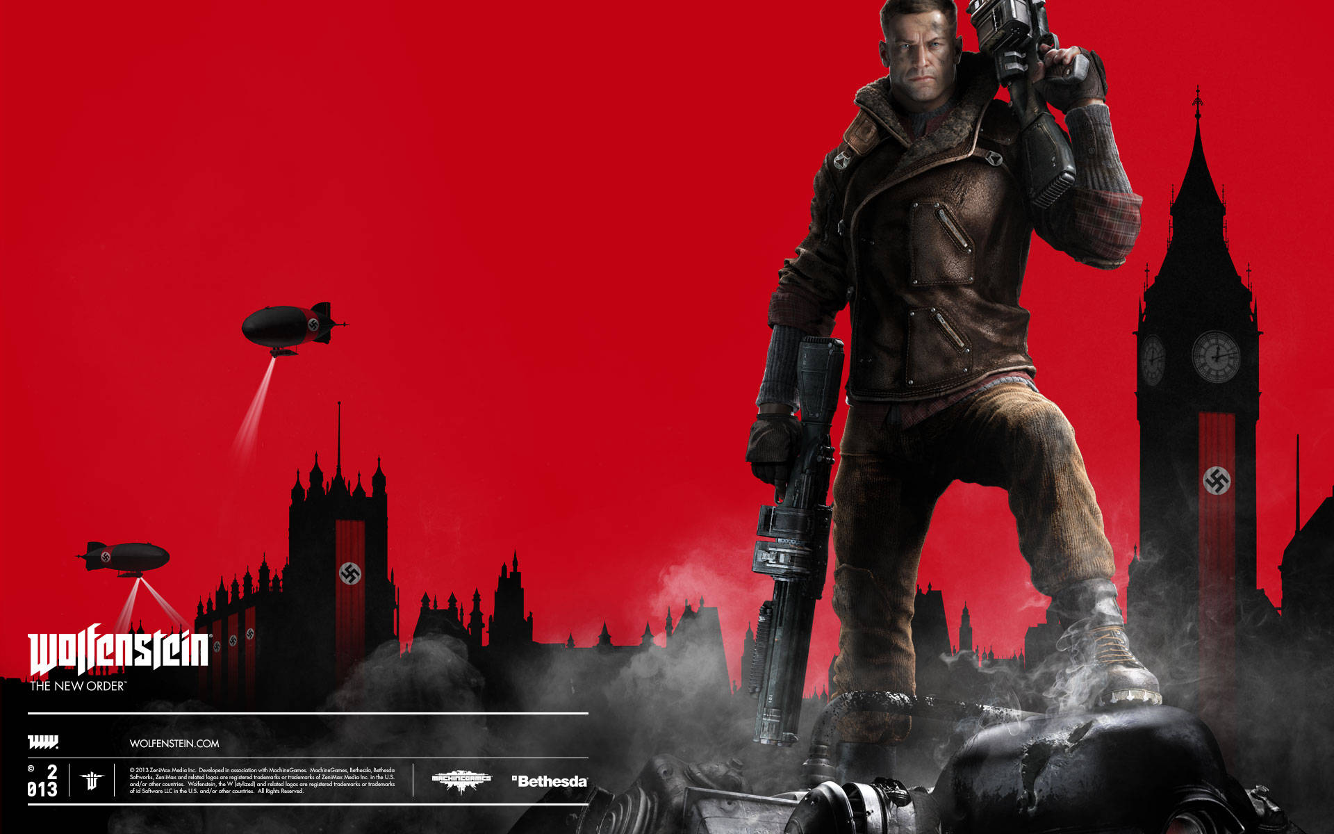 Wolfenstein 桌布 壁紙 — 一名士兵挑釁地站在瓦礫上，背景是血紅色的天空，齊柏林飛船飛越納粹佔領的倫敦天際線。