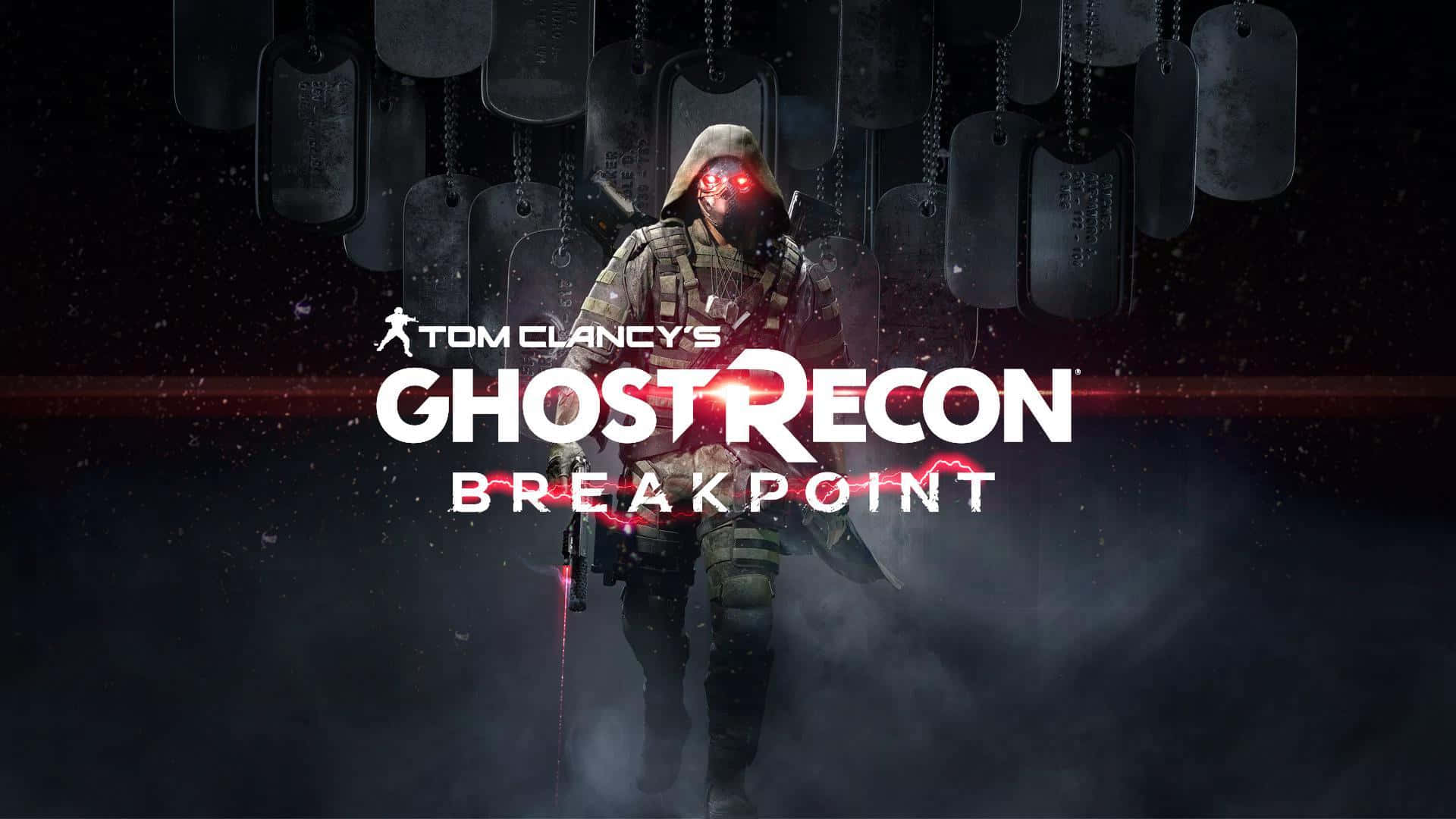 Ghost Recon 桌布 壁紙 — 一名士兵擁有發光的紅色眼睛和戰術裝備，站在黑暗煙霧環境中懸掛的狗牌下方。