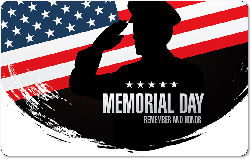 Memorial Day 桌布 壁紙 — 一名士兵敬禮的剪影，背景是鮮豔的美國國旗，並帶有「Memorial Day」文字。