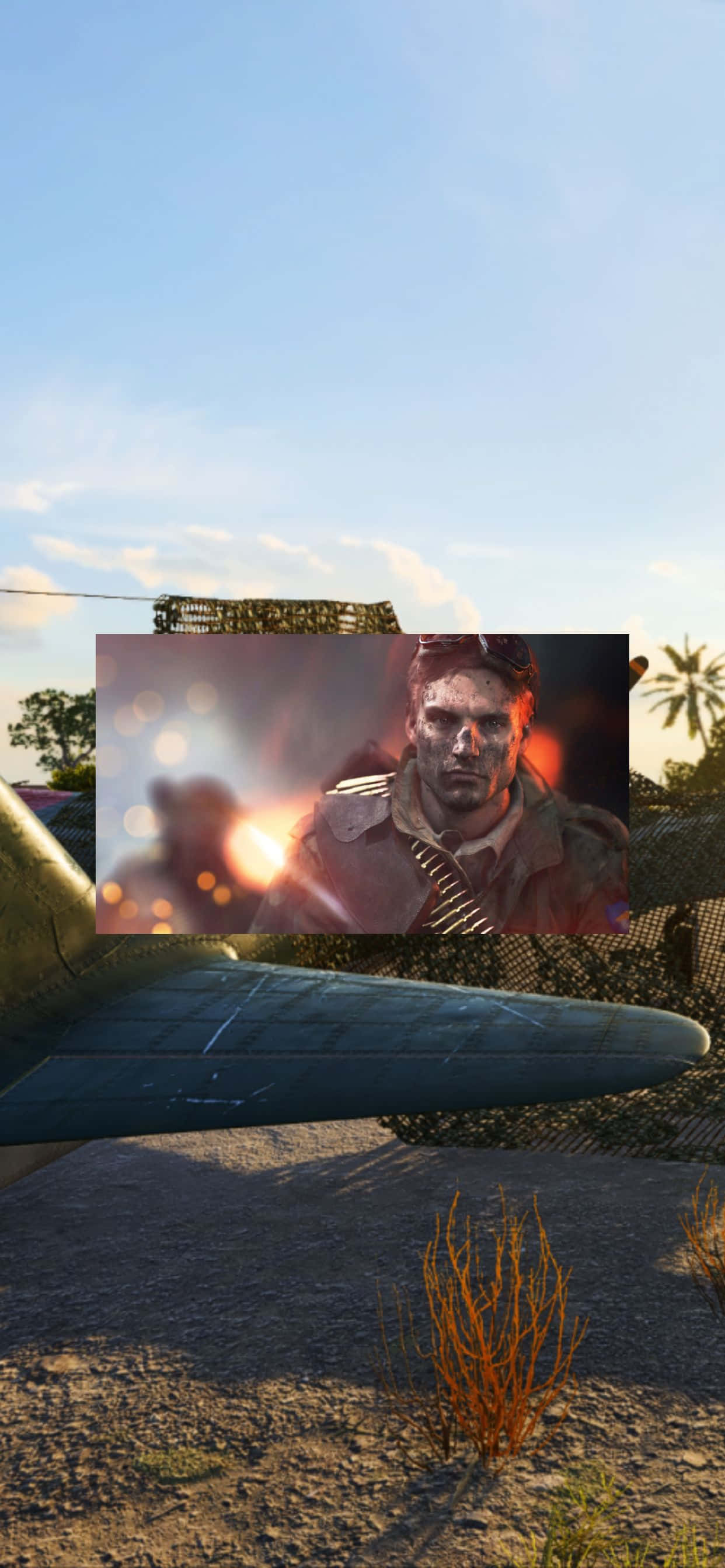 HD Battlefield V 桌布 壁紙 — 一名士兵滿臉鮮血，戴著護目鏡，在晴朗藍天下以迷彩飛機翼為背景，從火焰般的插圖中凝視。