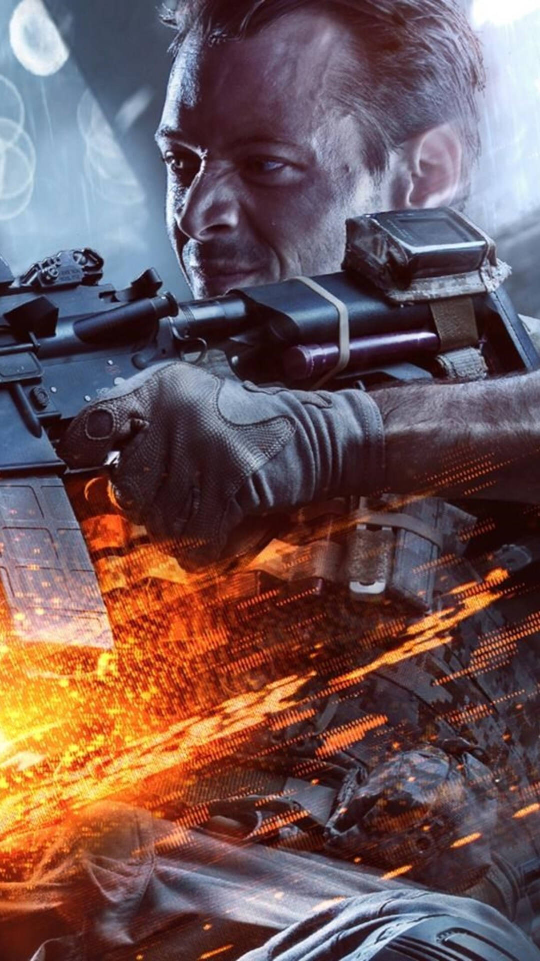 電玩遊戲 桌布 壁紙 — 一名士兵用步槍穿過煙霧和火焰瞄準，呈現 gritty 的戰鬥場景。
