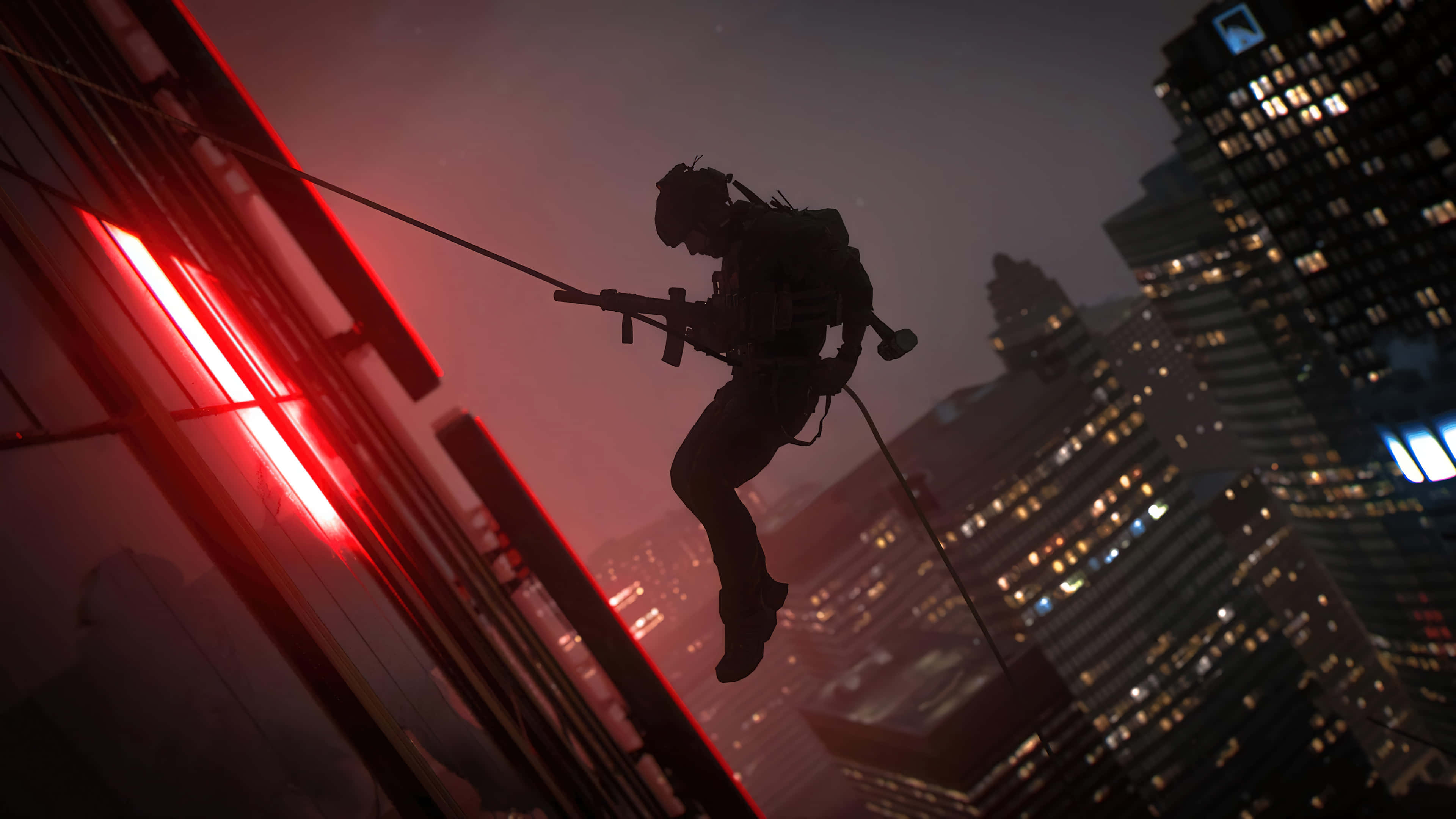 Fps 桌布 壁紙 — 一名士兵的剪影在黃昏時分沿著摩天大樓繩降，背景是發光的紅色霓虹城市景觀。