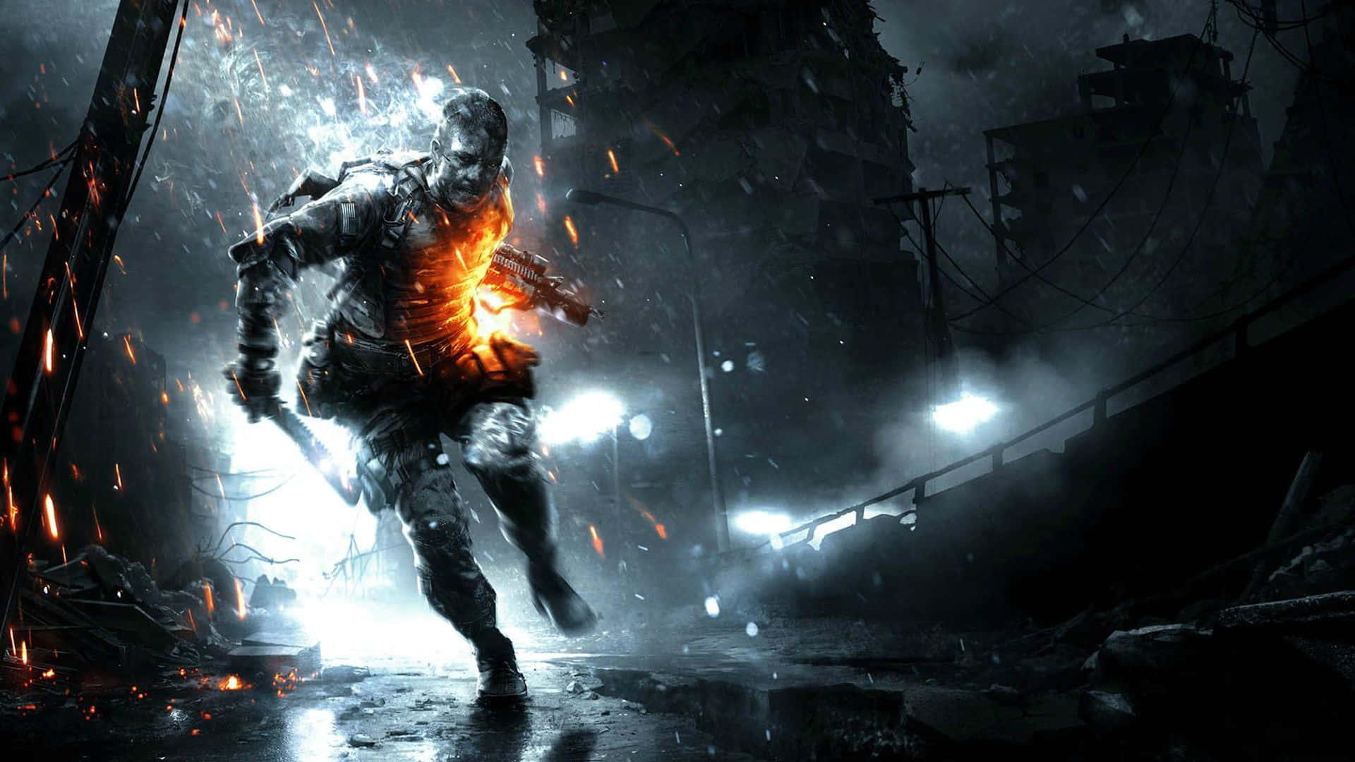 1920 X 1080 HD Gaming 桌布 壁紙 — 一名士兵穿過黑暗的廢墟街道，火花四濺，明亮的燈光照亮瓦礫。
