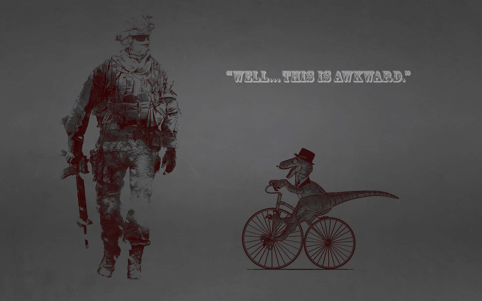  壁紙 — 一名士兵站在一隻戴著高帽、騎著前輪大後輪小自行車的恐龍旁邊，上面寫著'WELL...THIS IS AWKWARD.'