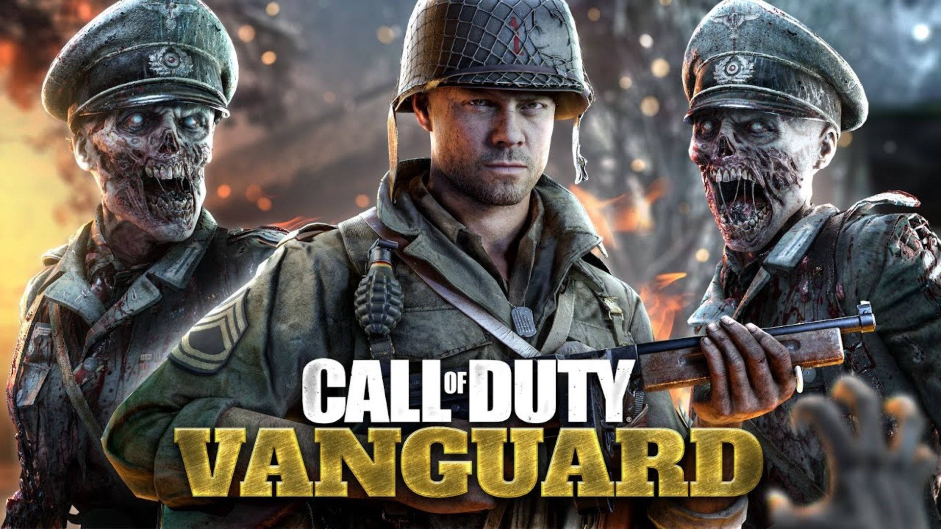 Call Of Duty Vanguard 桌布 壁紙 — 一名士兵站在兩個殭屍士兵之間，在烈火戰場上，並有遊戲標題文字。