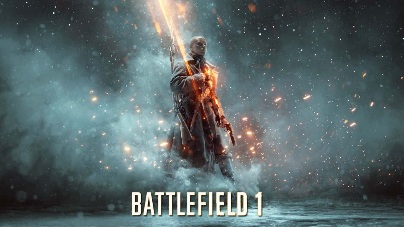 1366x768 Battlefield 1 桌布 壁紙 — 一名士兵站在冰冷的水中，手持燃燒的步槍，火花在他周圍飛舞，場景是雪地戰場。