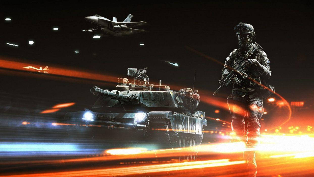 Battlefield 3 桌布 壁紙 — 一名士兵站在坦克旁邊，戰鬥機在火紅的夜空中劃過，留下動態模糊的軌跡。