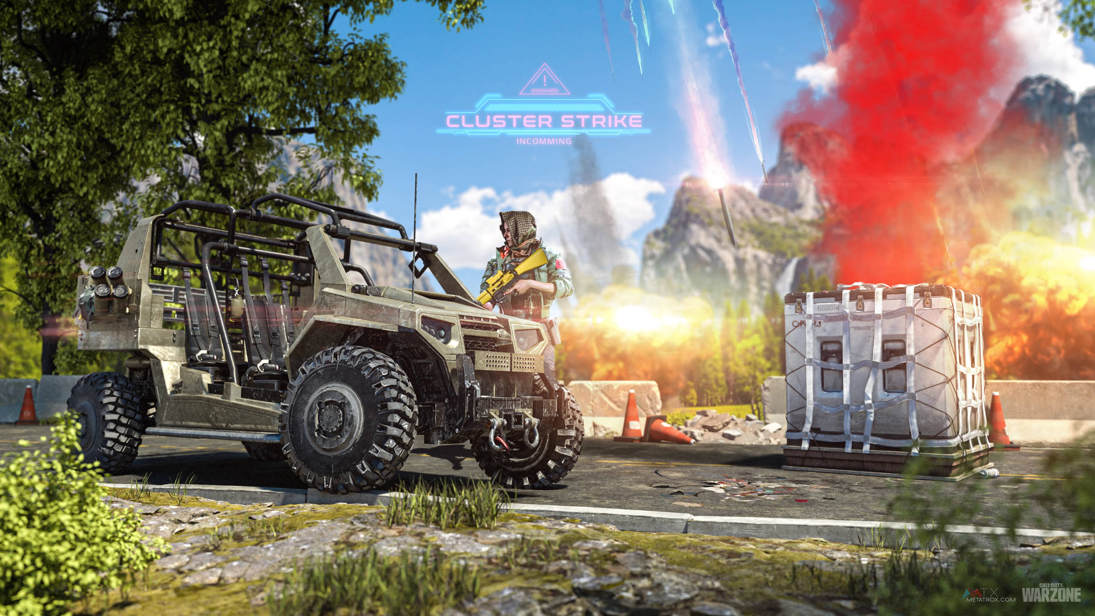 Warzone 桌布 壁紙 — 一名士兵站在堅固的軍用車輛旁，爆炸和彩色煙霧在他們身後的山地遊戲場景中爆發。