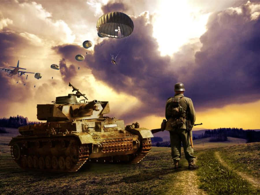 Soldiers 桌布 壁紙 — 一名士兵站在戰車旁，傘兵降落，飛機在戲劇性的日落天空下飛過。