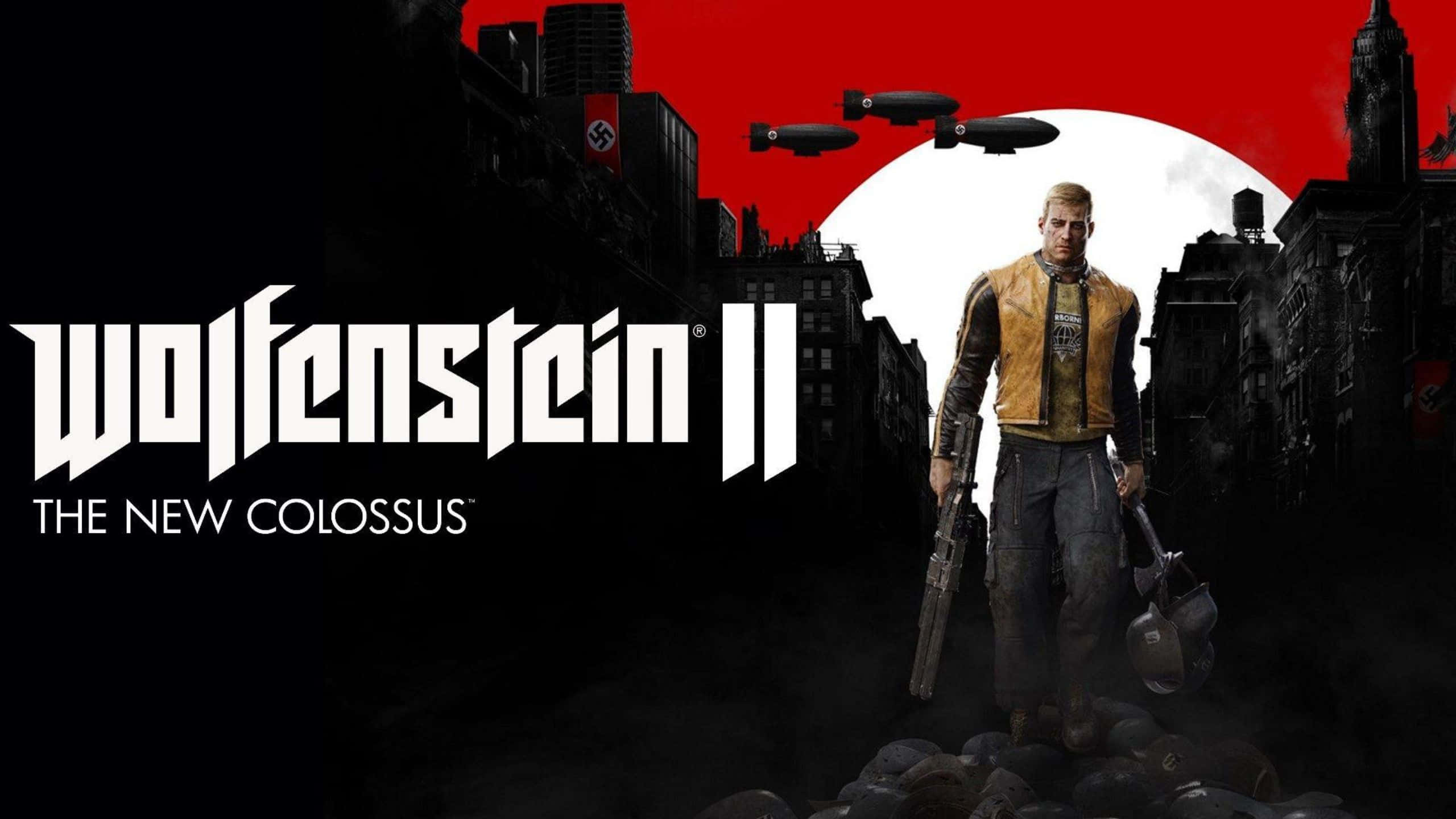 Wolfenstein Ii 桌布 壁紙 — 一名士兵站在昏暗的城市景觀中，紅色天空下飛船飛翔，標題 Wolfenstein II The New Colossus 赫然聳立。