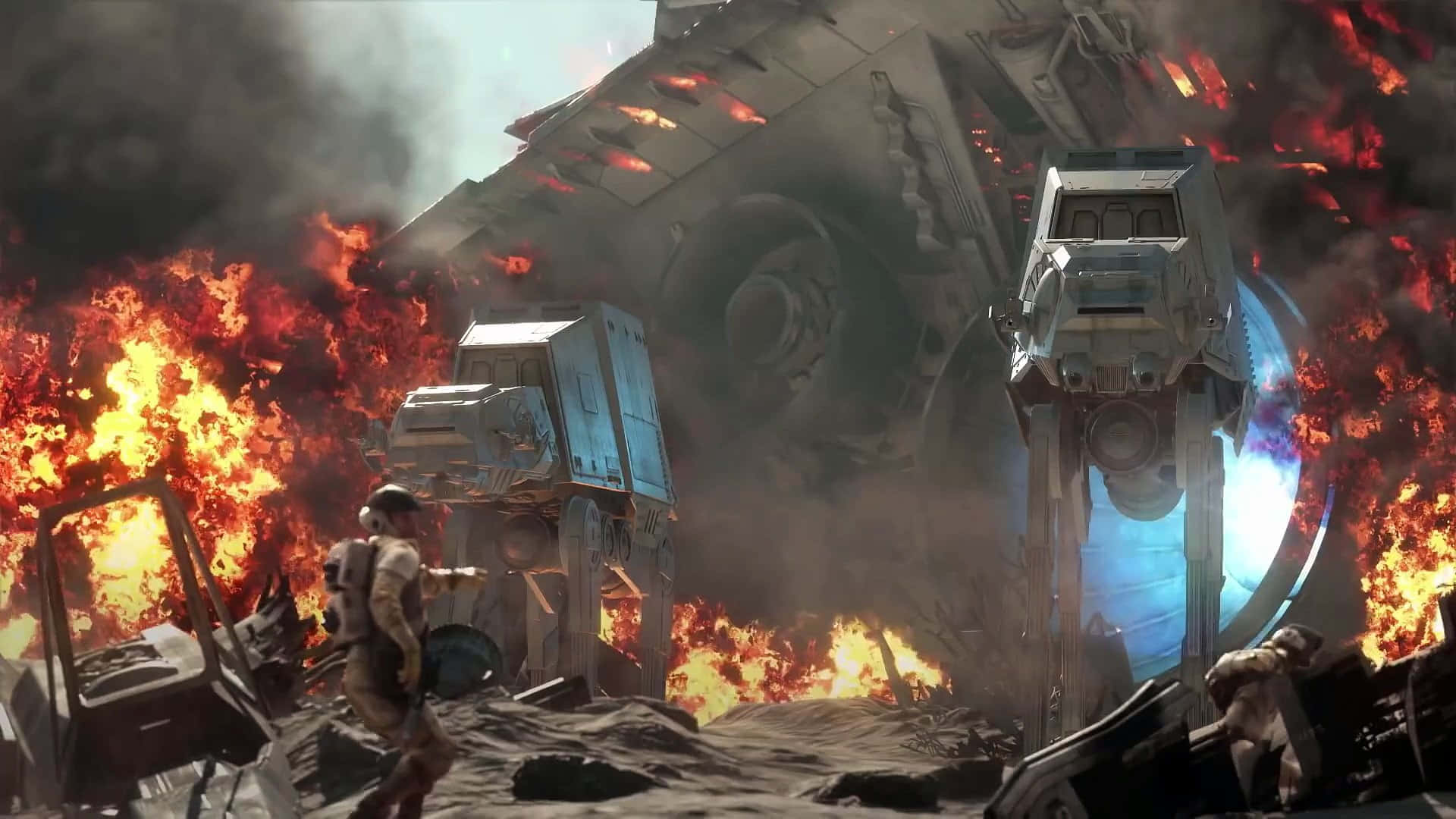 The Battle Of Jakku 桌布 壁紙 — 一名士兵站在煙霧瀰漫的天空下，荒涼的戰場上燃燒的AT-AT步行機殘骸中。