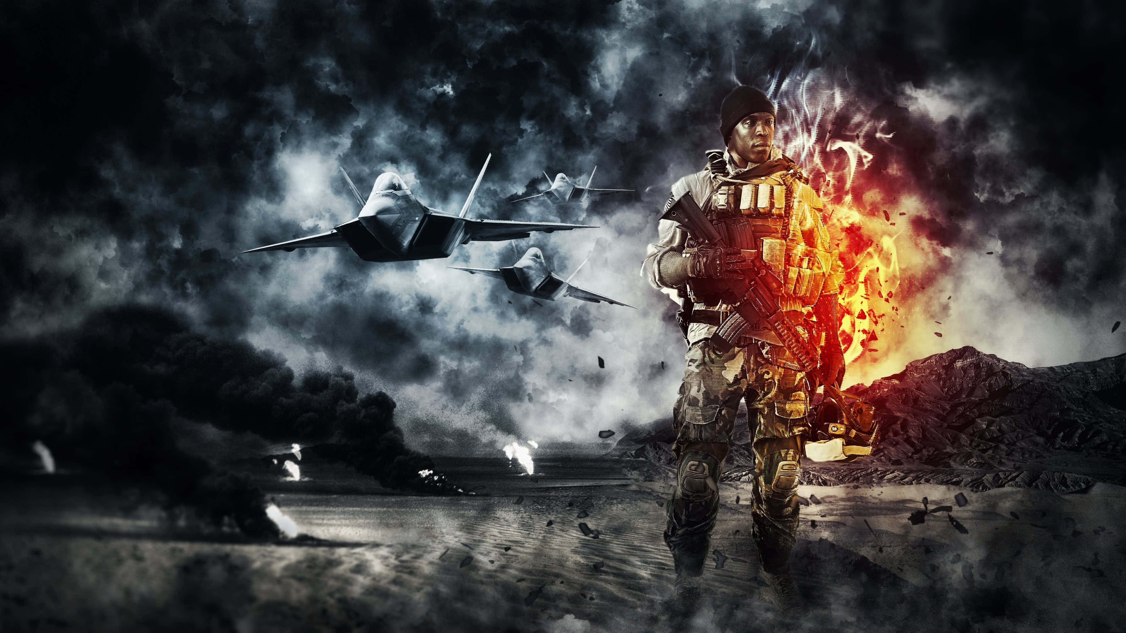 4K 超高清 桌布 壁紙 — 一名士兵站在熾熱爆炸之中，戰鬥機在暴風雨般的戰場天空中呼嘯而過。