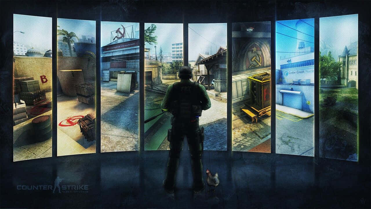 電玩遊戲 桌布 壁紙 — 一名士兵站在玻璃牆前，觀看《Counter Strike》中的七個不同地圖場景，包括城市廢墟和工業區。