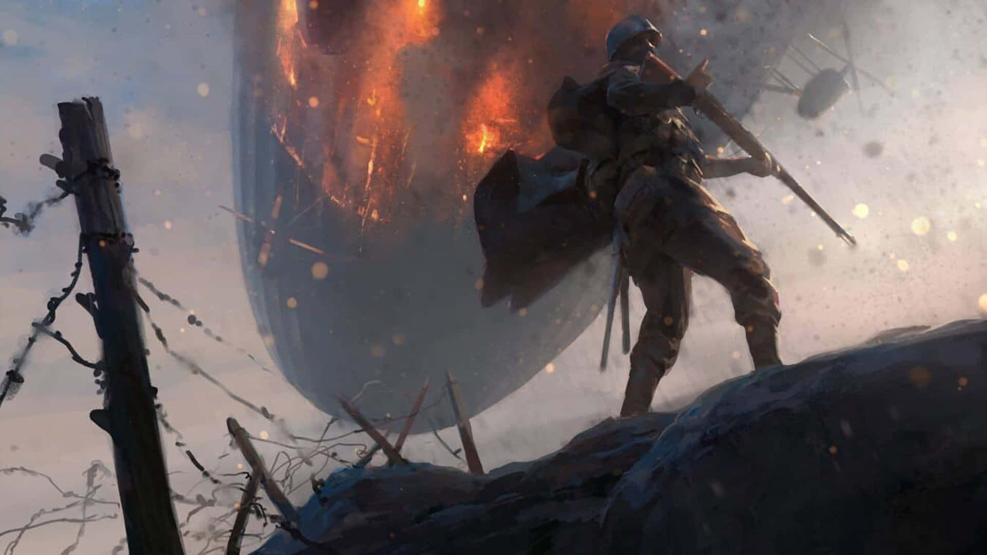 戰地風雲1 桌布 壁紙 — 一名士兵站在瓦礫上，手持步槍，身後一艘巨大的燃燒外星飛船墜毀。