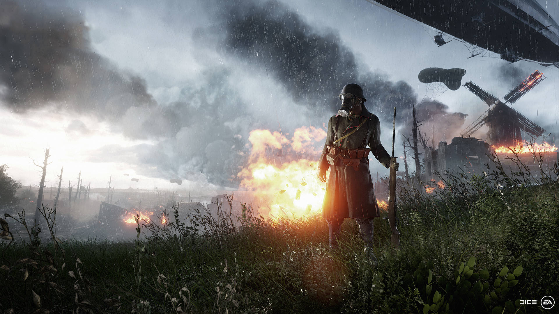 Battlefield 1 桌布 壁紙 — 一名士兵站在被雨水浸濕的草地上，爆炸和煙霧充滿了在暴風雨天空下飽受戰爭蹂躪的戰場。