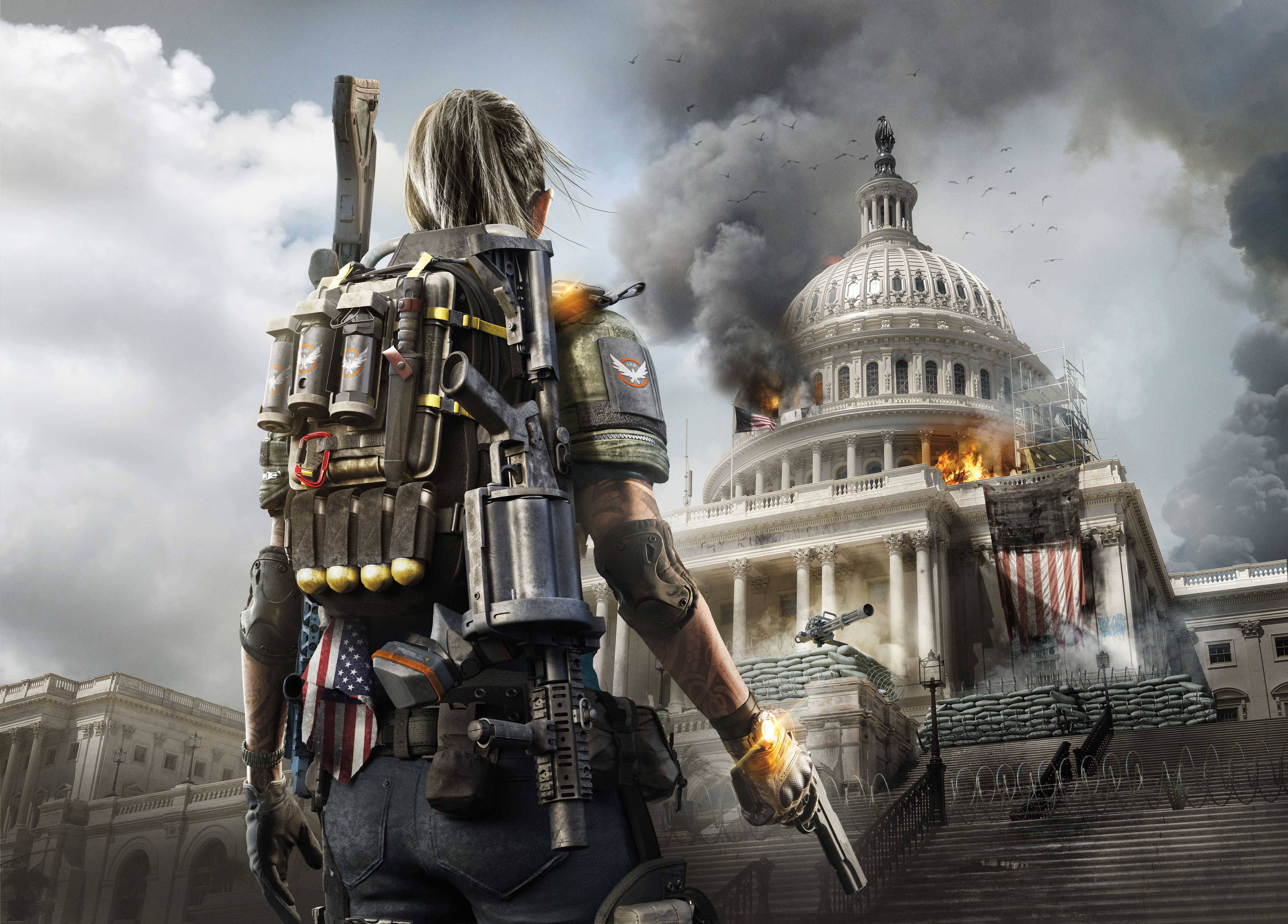 Division 桌布 壁紙 — 一名士兵背光站在燃燒的國會大廈前，天空煙霧彌漫。