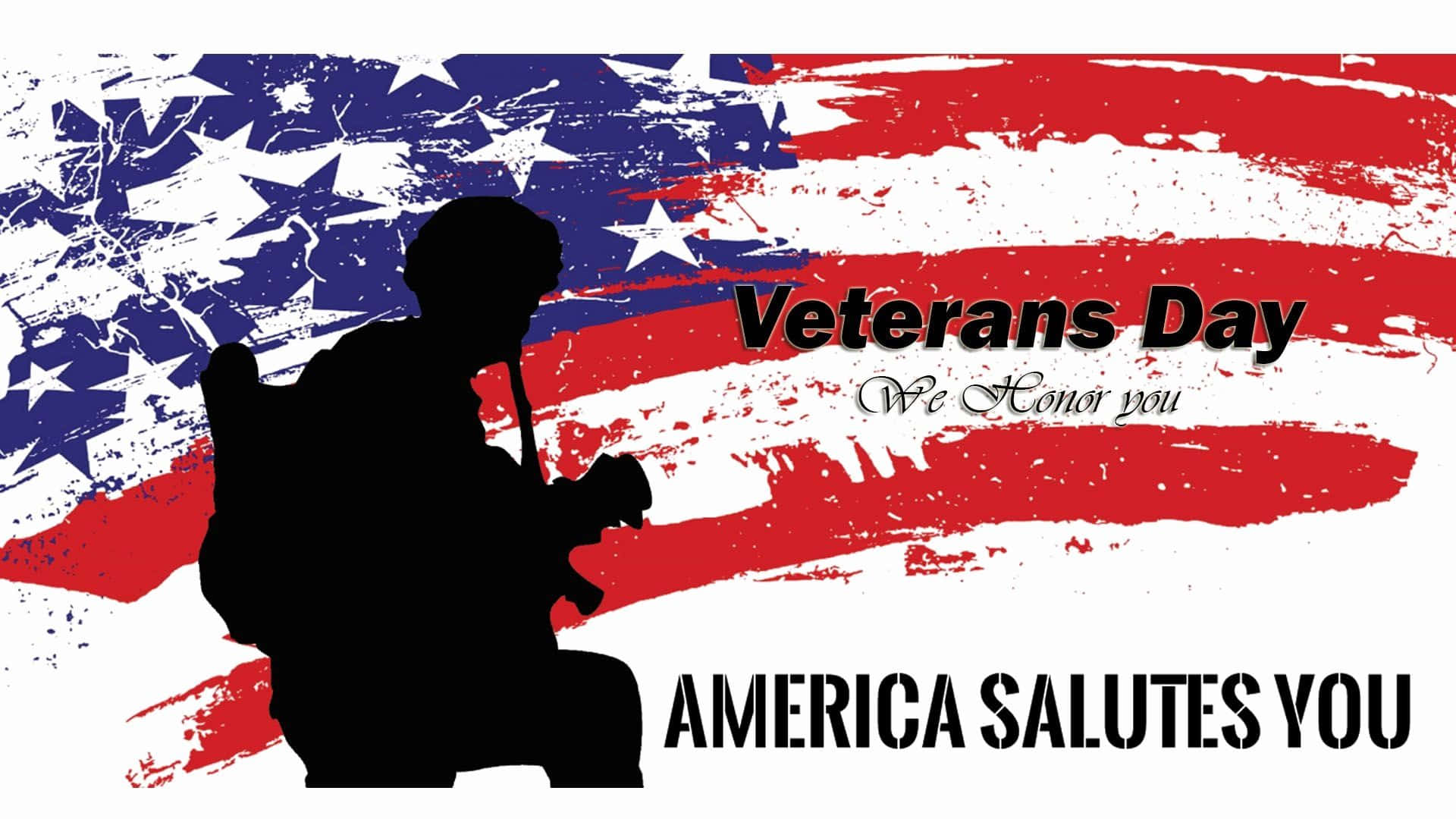 Veterans Day 桌布 壁紙 — 一名士兵跪地致敬的剪影，背景是破損的美國國旗，並有粗體文字向退伍軍人致敬。