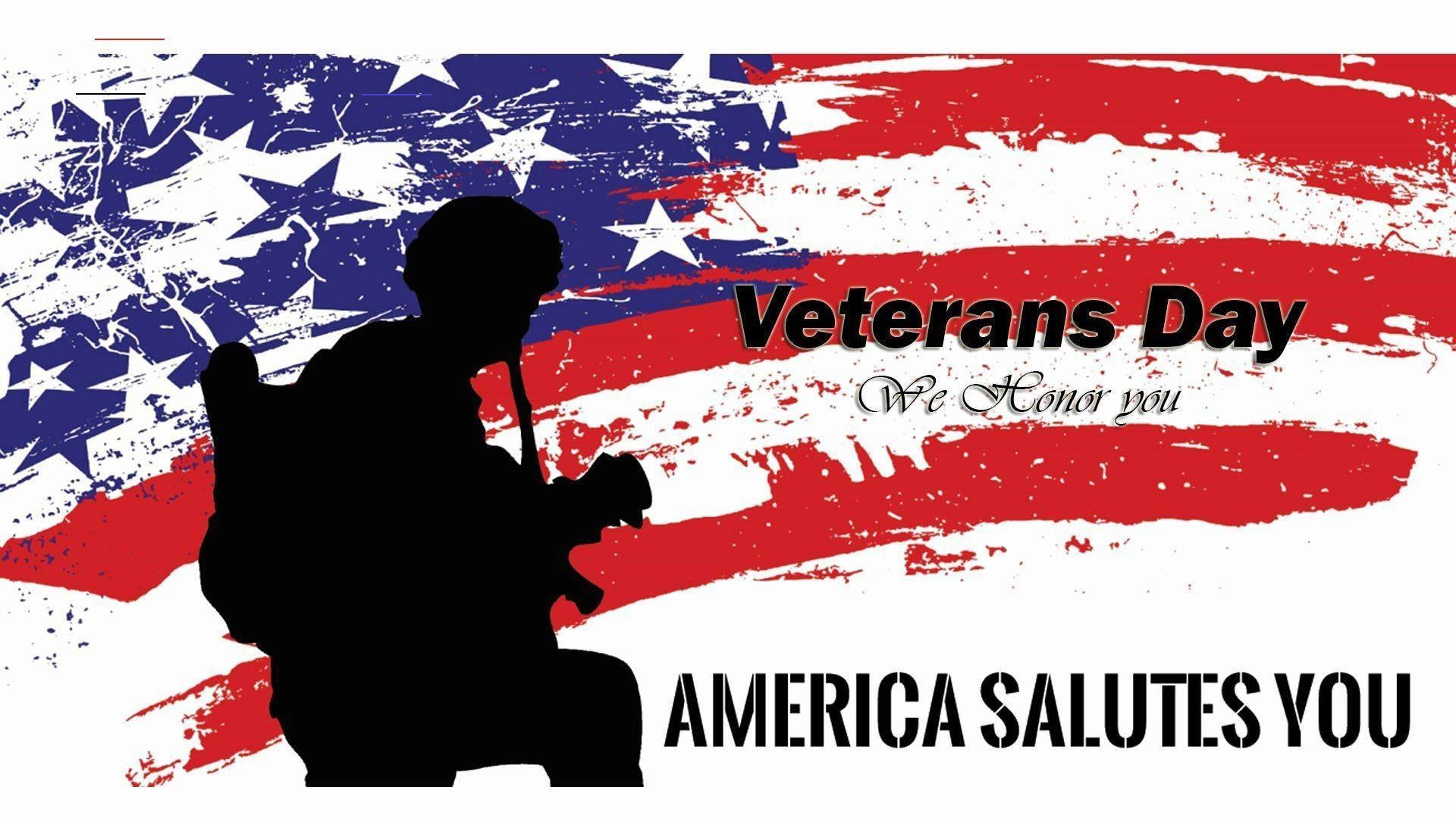 Veterans 桌布 壁紙 — 一名士兵跪著致敬的剪影，背景是破損的美國國旗，並有粗體文字向退伍軍人致敬。