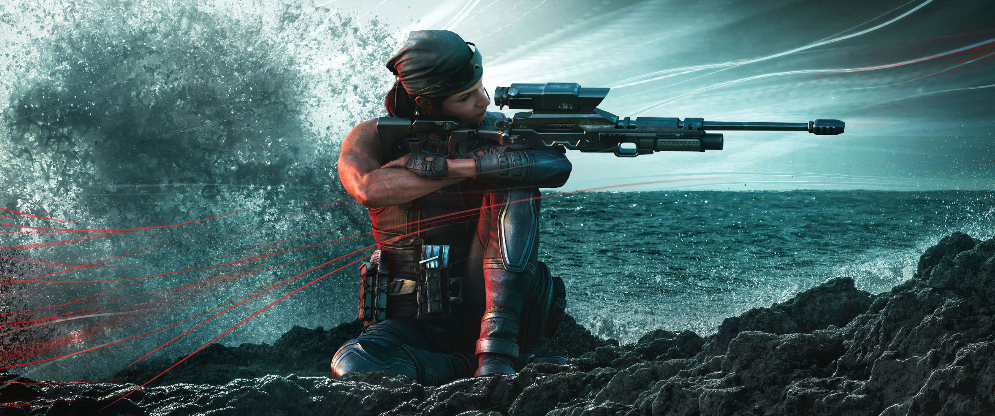 3440x1440p Rainbow Six Siege 桌布 壁紙 — 一名士兵蹲在岩石地形上瞄準狙擊步槍，紅色雷射光束劃過暴風雨海洋背景。